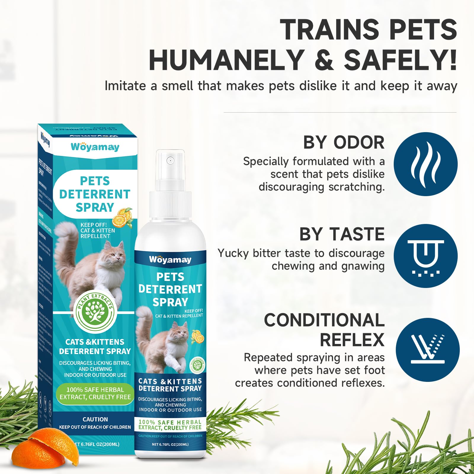 Entraînement doux du chat grâce à la formule naturelle Woyamay.