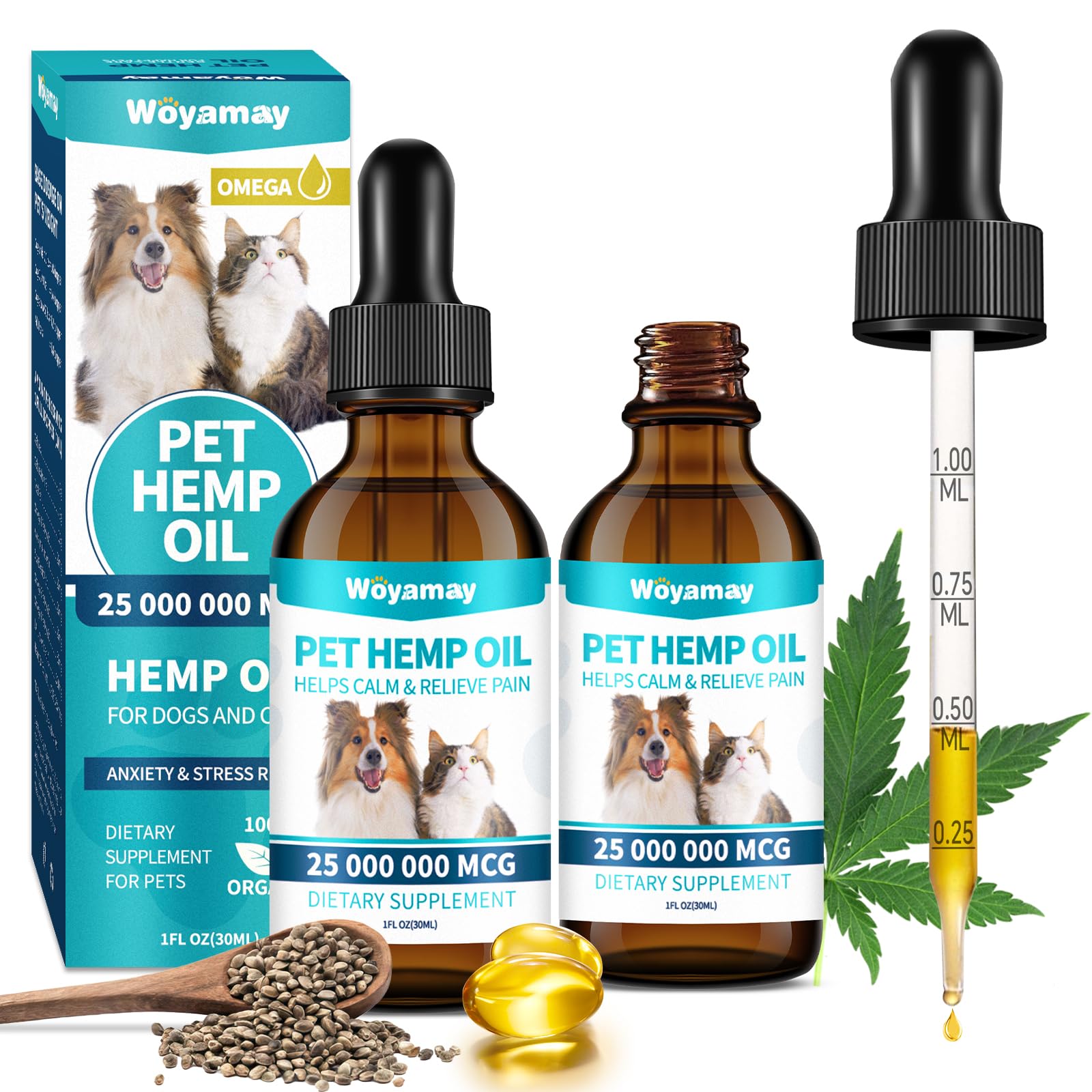 Woyamay huile de chanvre pour animaux – gouttes relaxation, calme l’animal.