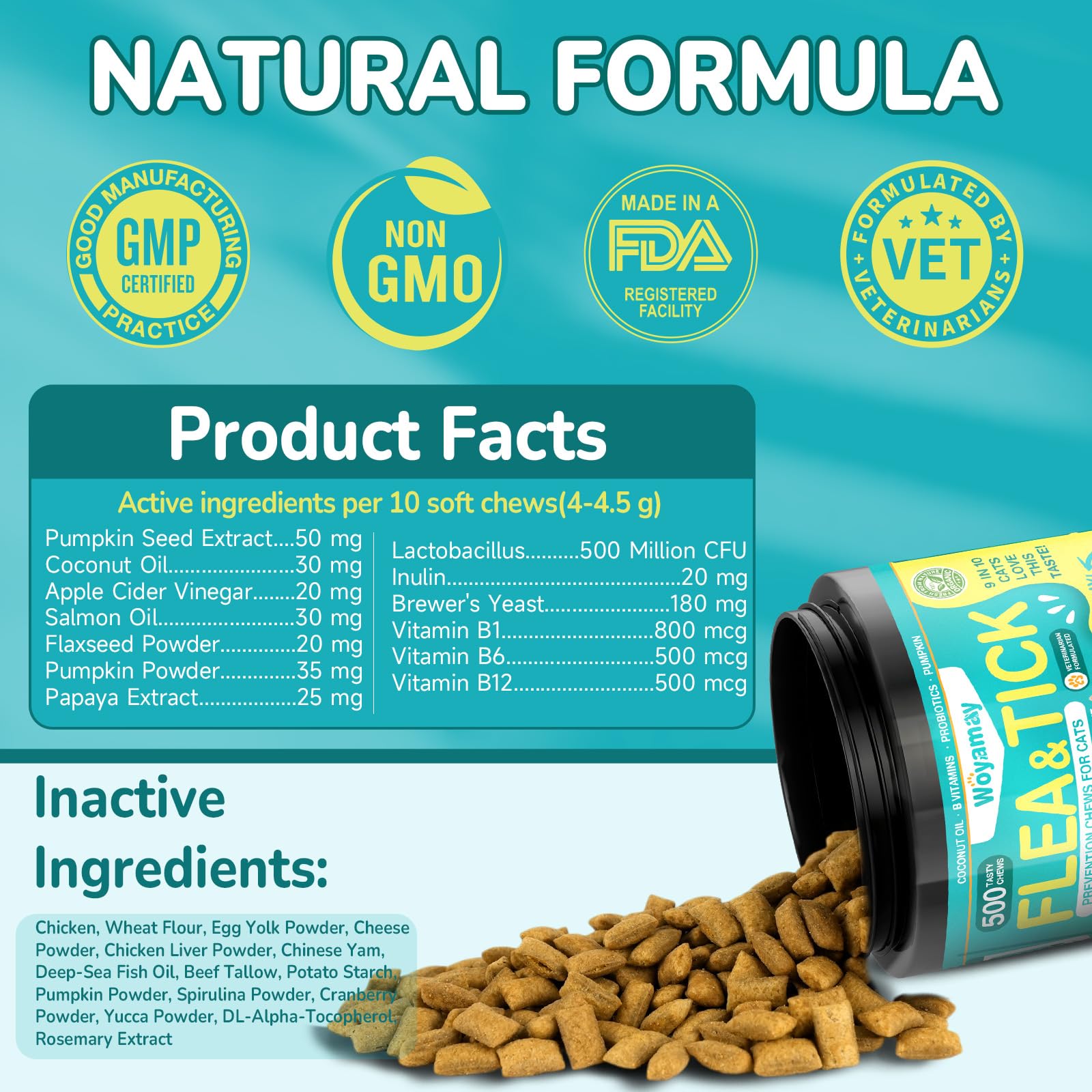 Probiotiques Woyamay 500 CFU: soutien digestif quotidien pour votre chat.