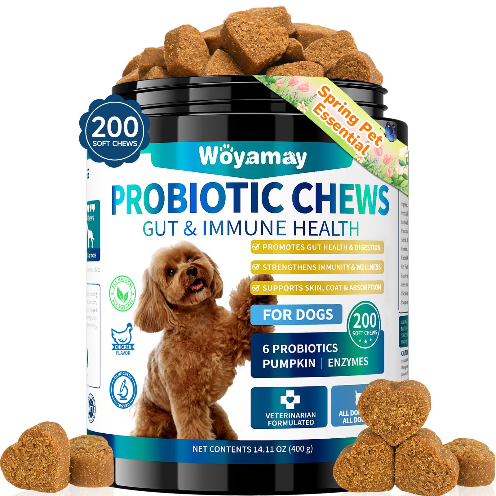 Woyamay Probiotiques chien, boîte 200 gommes, soutien digestif potentiel.