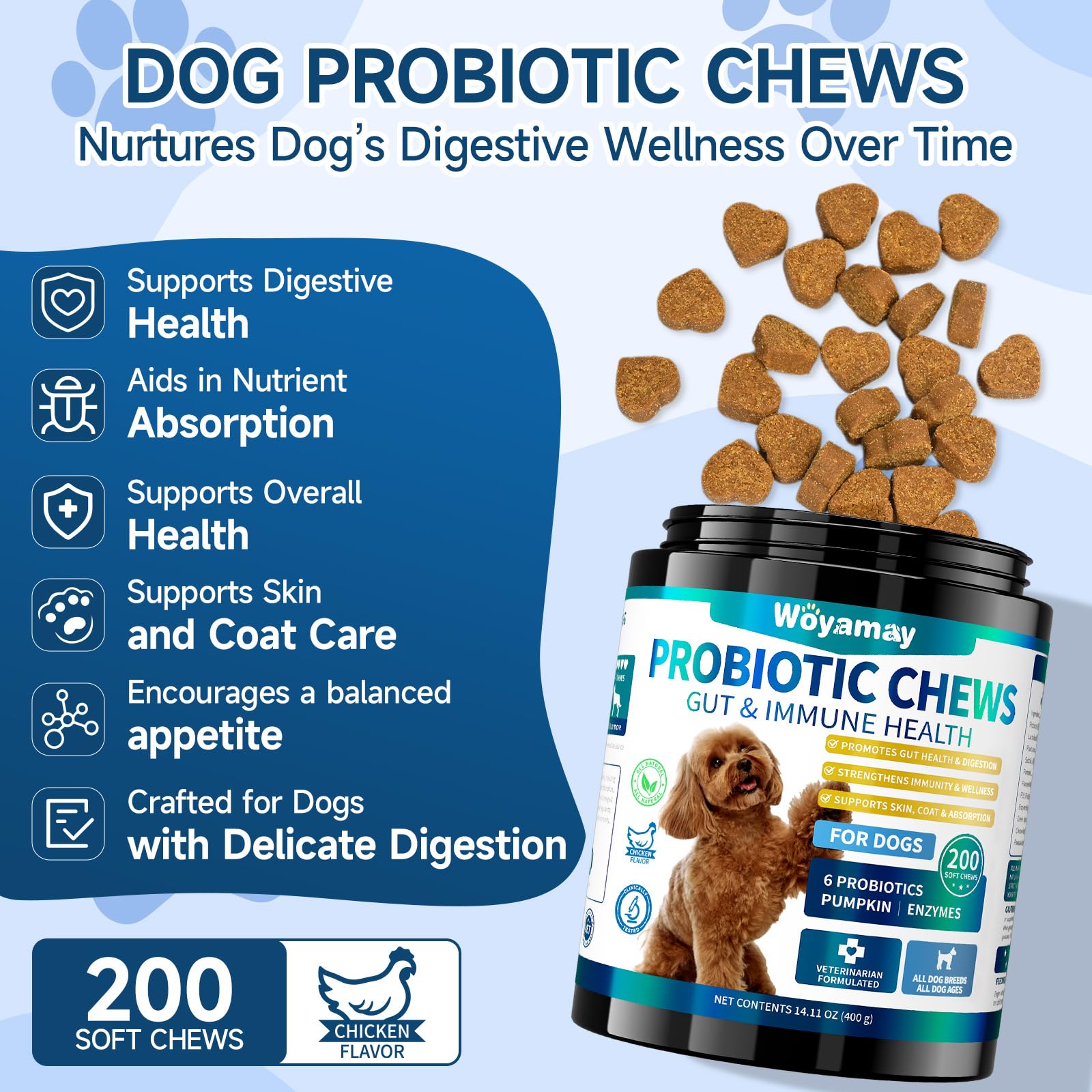 Gommes probiotiques Woyamay chien saveur poulet, goût apprécié.