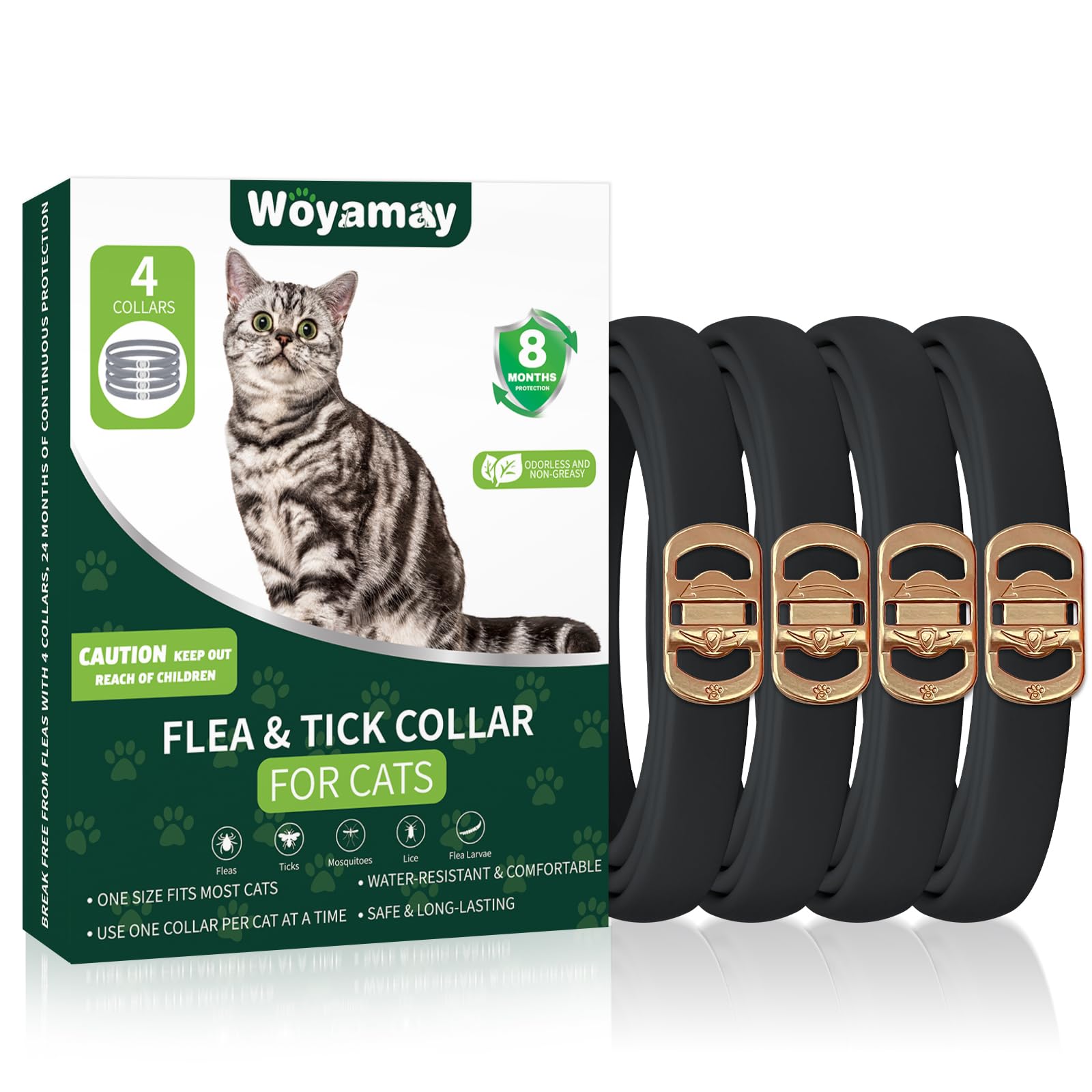 Collier Woyamay quatre-pack pour chats, protection anti-puces et tiques en activité.