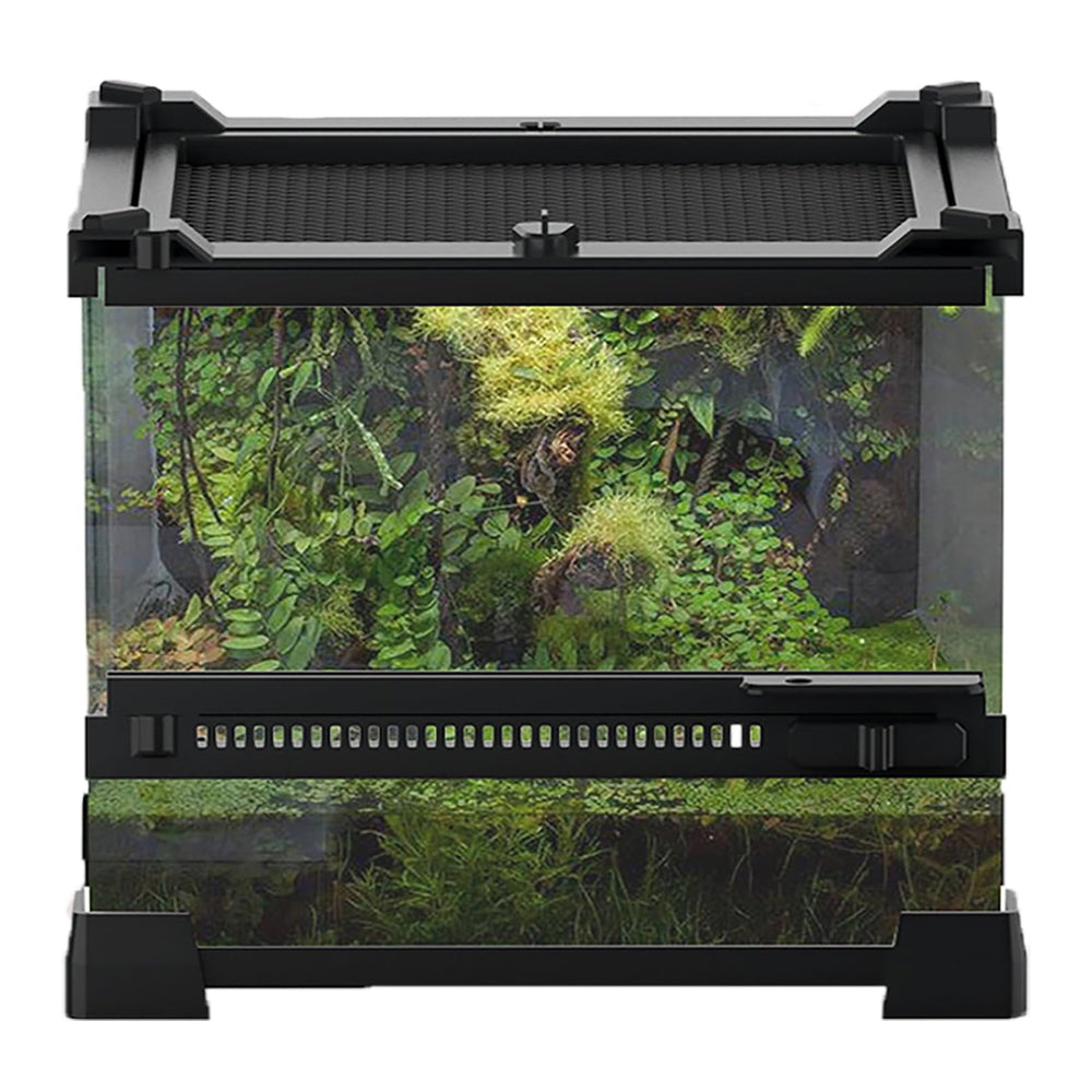Terrarium Woyrise en verre 8x8x5, emboîtement et boucles pour empilement sûr.