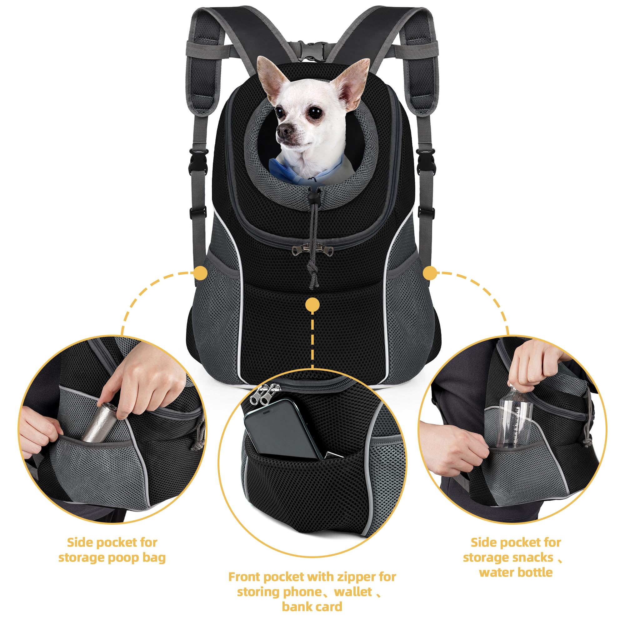 WOYYHO sac-portage-chien-poches-front-m-noir: rangement accessible pour accessoires et gourde.