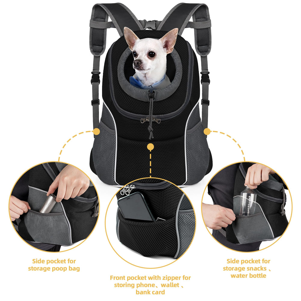 WOYYHO sac-portage-chien-poches-front-m-noir: rangement accessible pour accessoires et gourde.