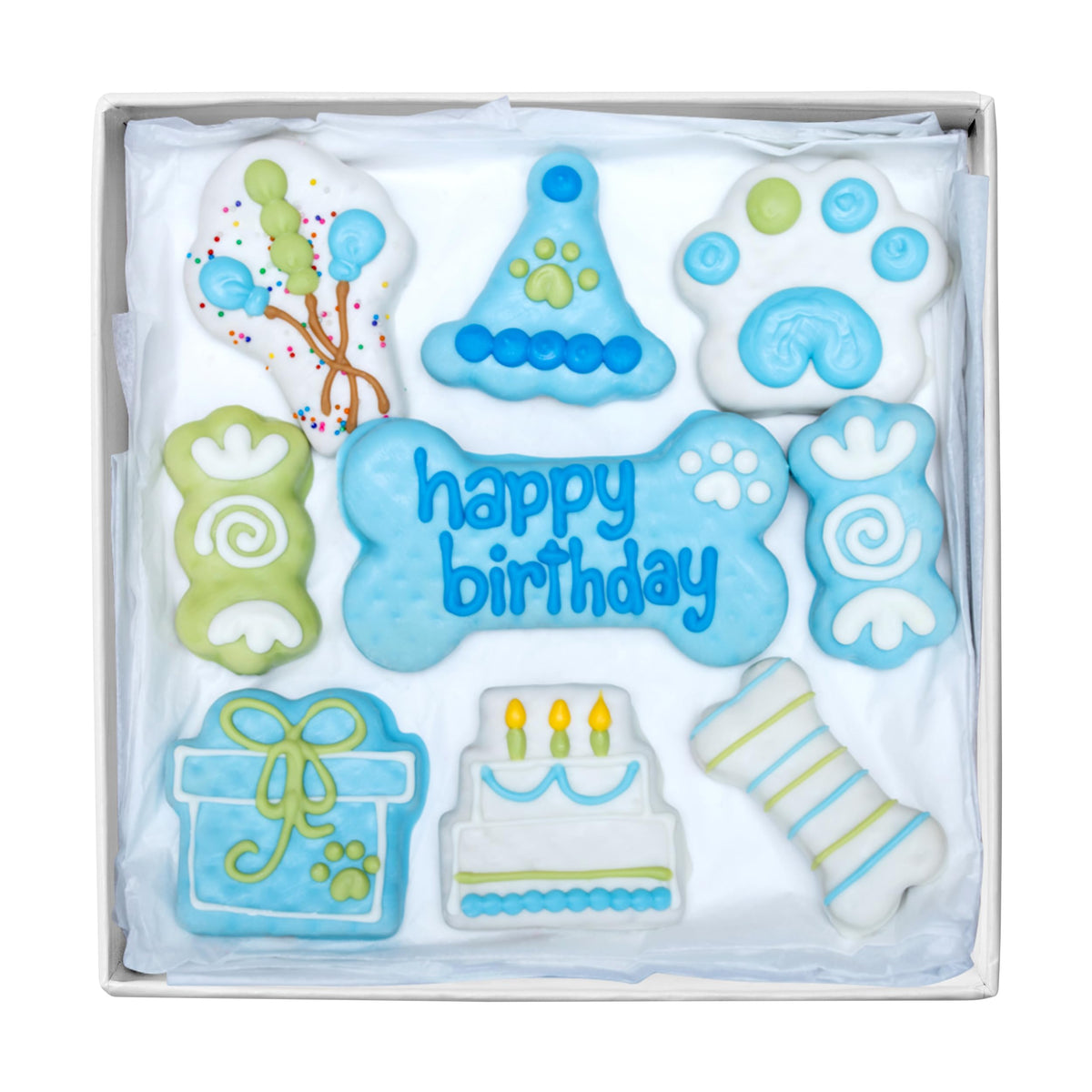 Boîte d'anniversaire WÜFERS pour chien bleu avec biscuits décorés prête pour la fête