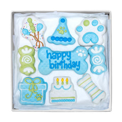 Boîte d'anniversaire WÜFERS pour chien bleu avec biscuits décorés prête pour la fête