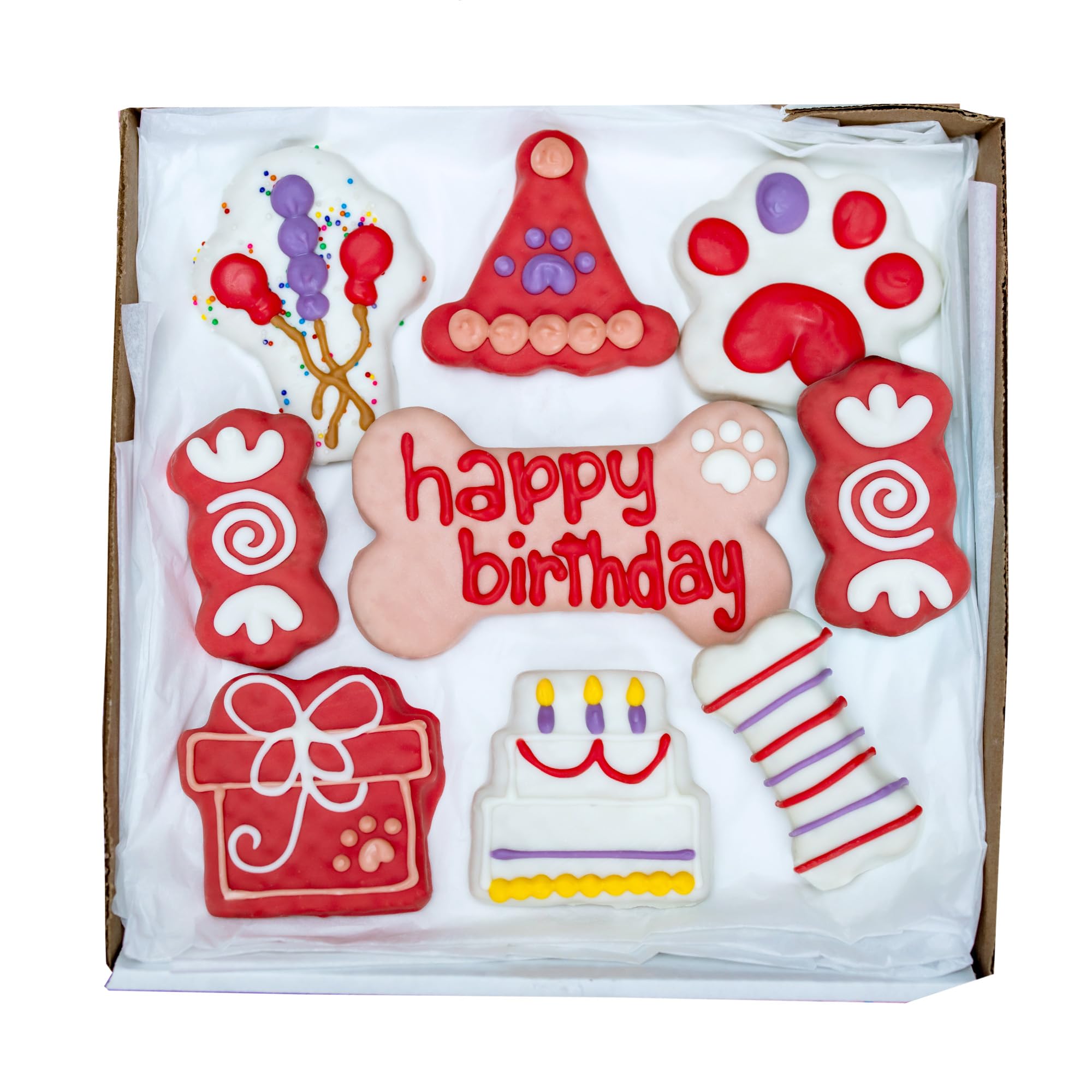 Coffret WÜFERS anniversaire pour chien avec biscuits décorés rouge.