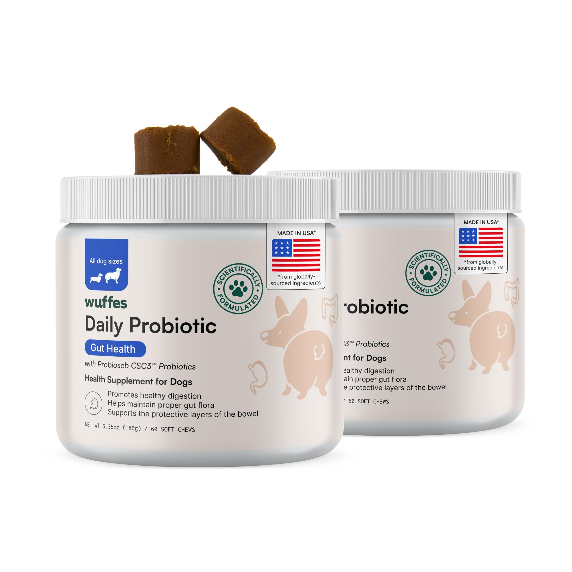 Wuffes Daily Probiotic: bouteille de friandises, soutien digestif pratique et savoureux.