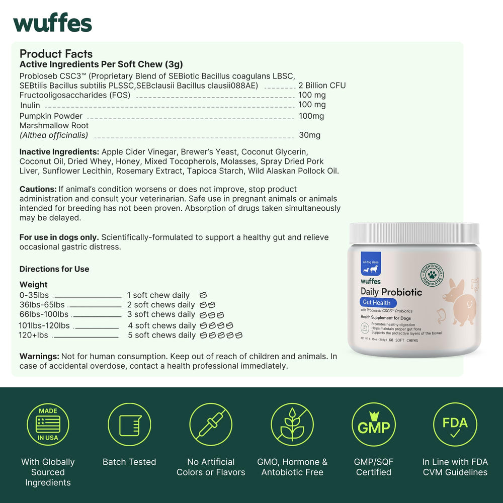 Wuffes Daily Probiotic: emballage écologique et pratique pour le stockage.