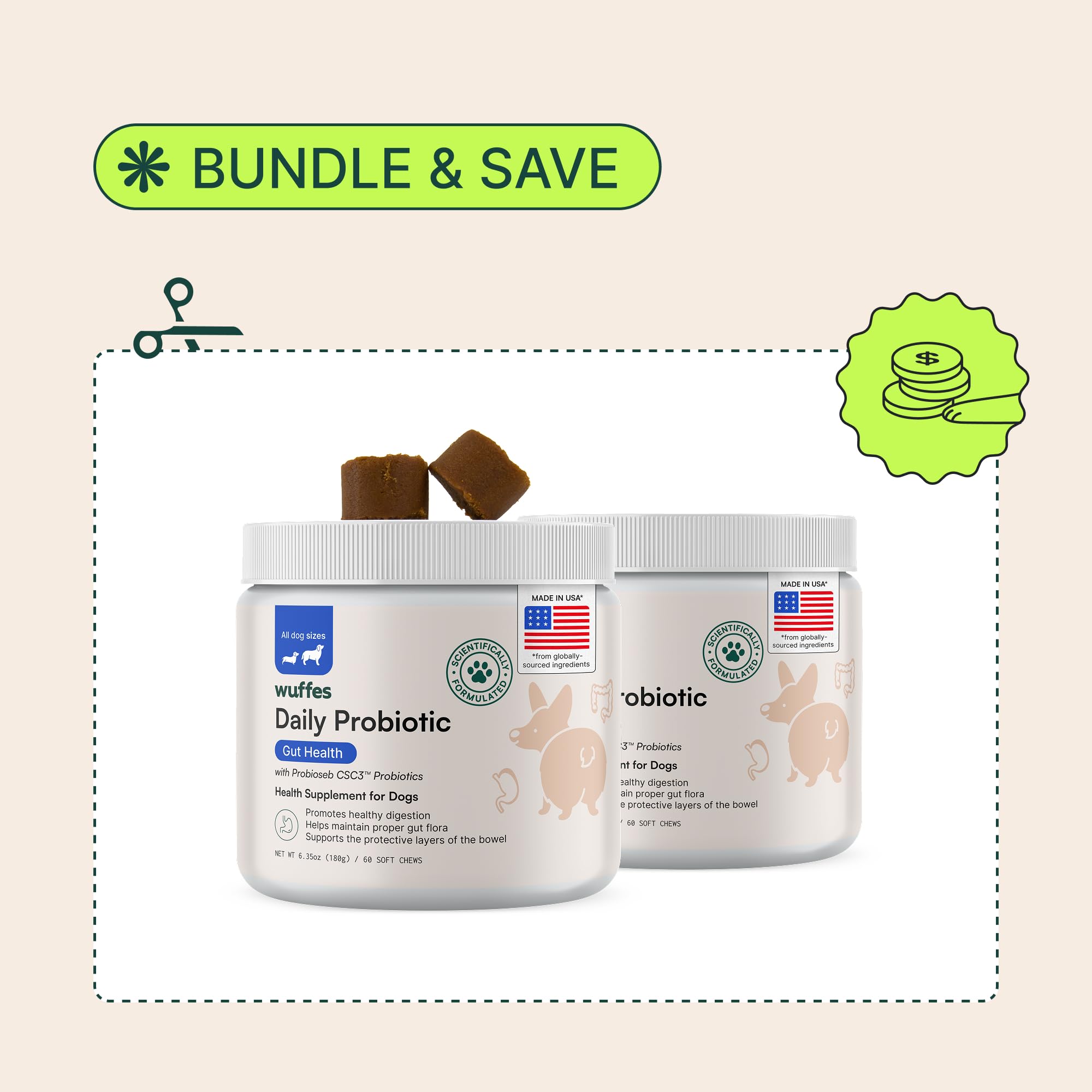 Wuffes Daily Probiotic: routine quotidienne favorisant un microbiome équilibré et immunité.
