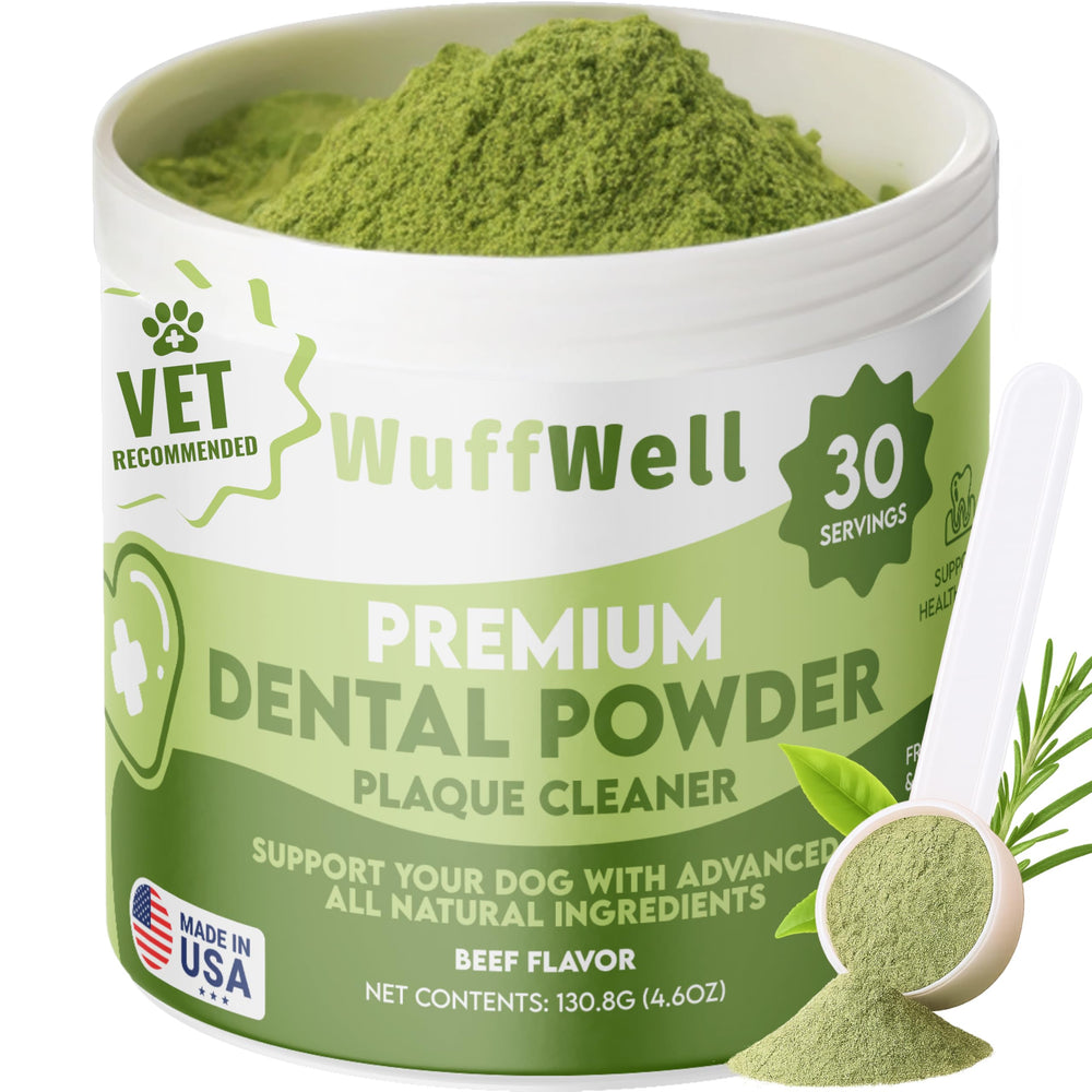 Poudre dentaire WuffWell pour chien avec probiotiques, haleine plus fraîche.