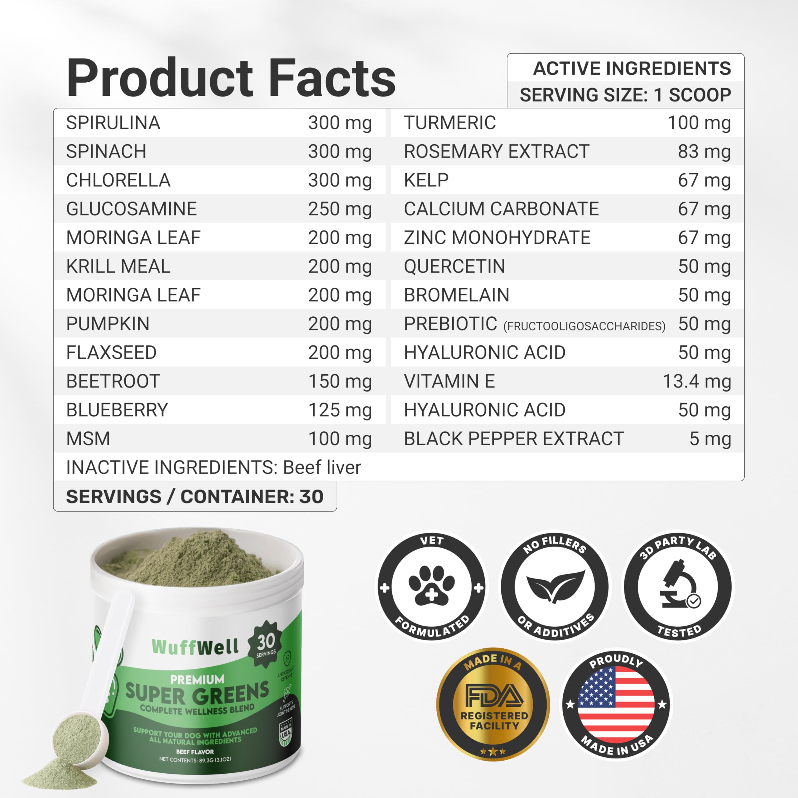 WuffWell Super Greens: spiruline et chlorelle soutiennent les défenses quotidiennes.