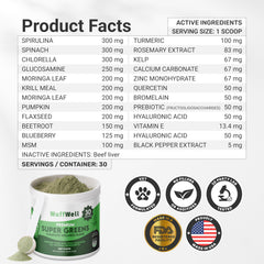 WuffWell Super Greens: spiruline et chlorelle soutiennent les défenses quotidiennes.