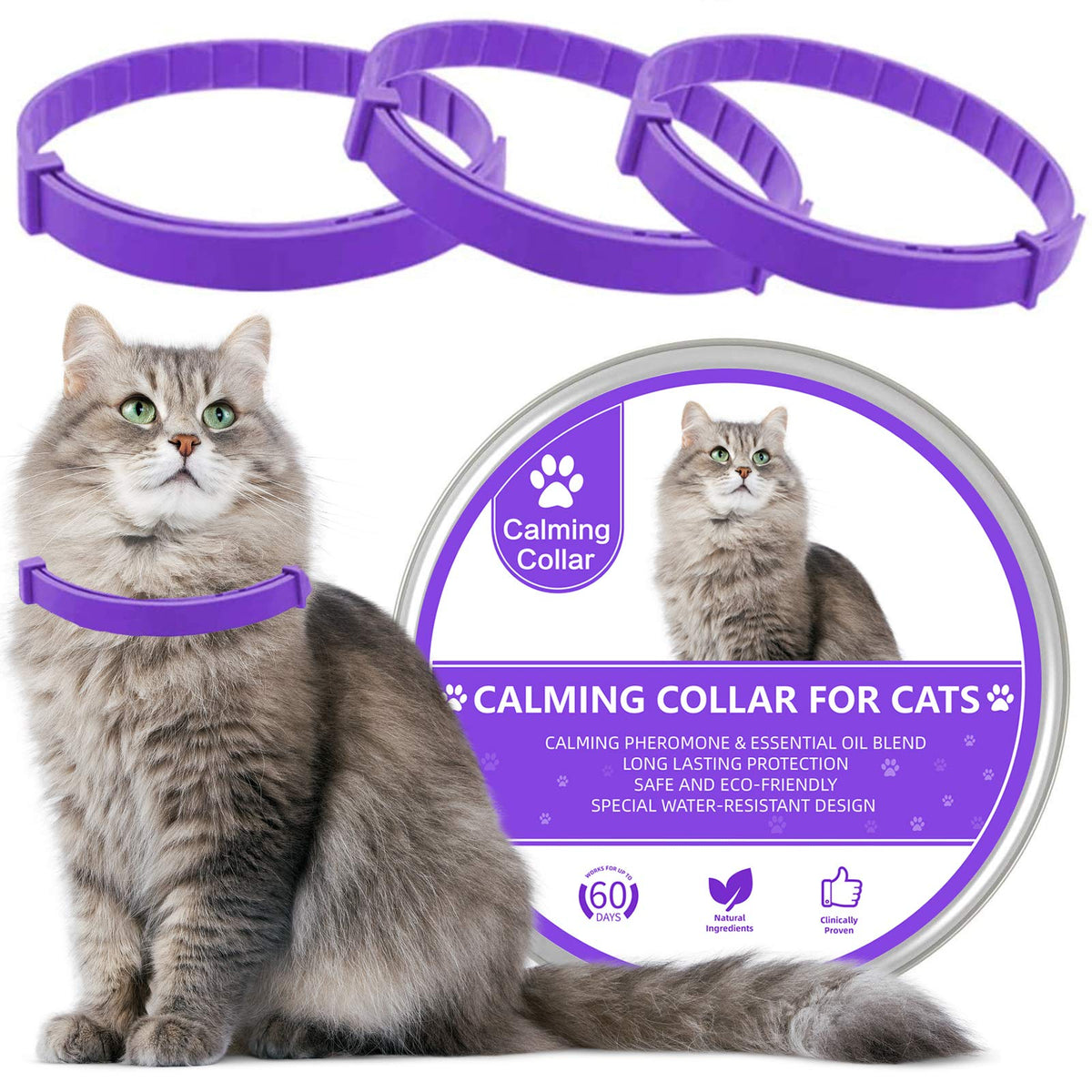 Collier Wustentre apaisant violet, prêt-à-utiliser pour chats anxieux.