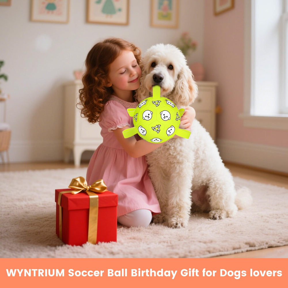 Balle Wyntrium avec graphismes chien et os, stimulation visuelle encouragée.
