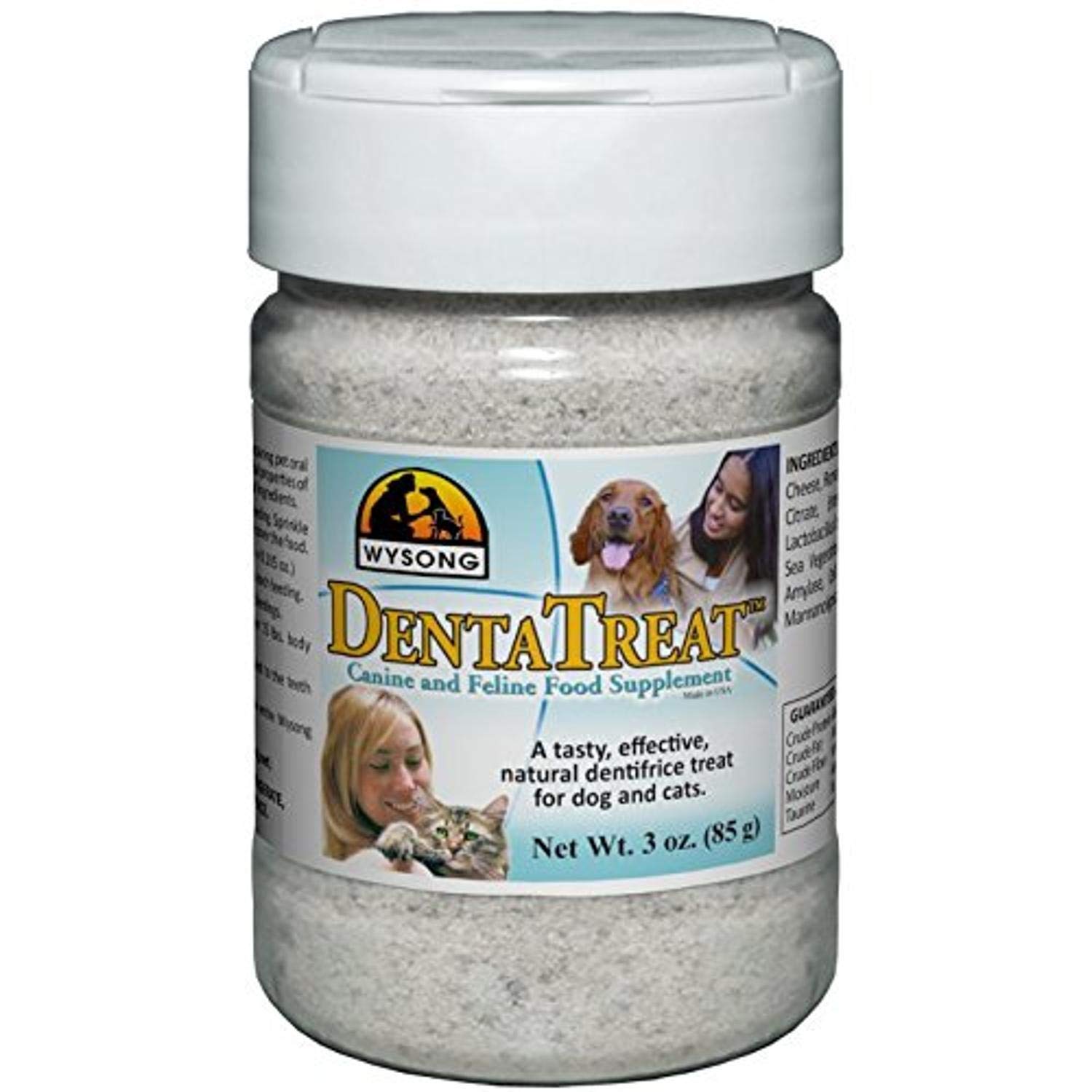 Friandise Dentatreat de Wysong en bouteille pour chiens et chats, favorisant une routine buccale naturelle.