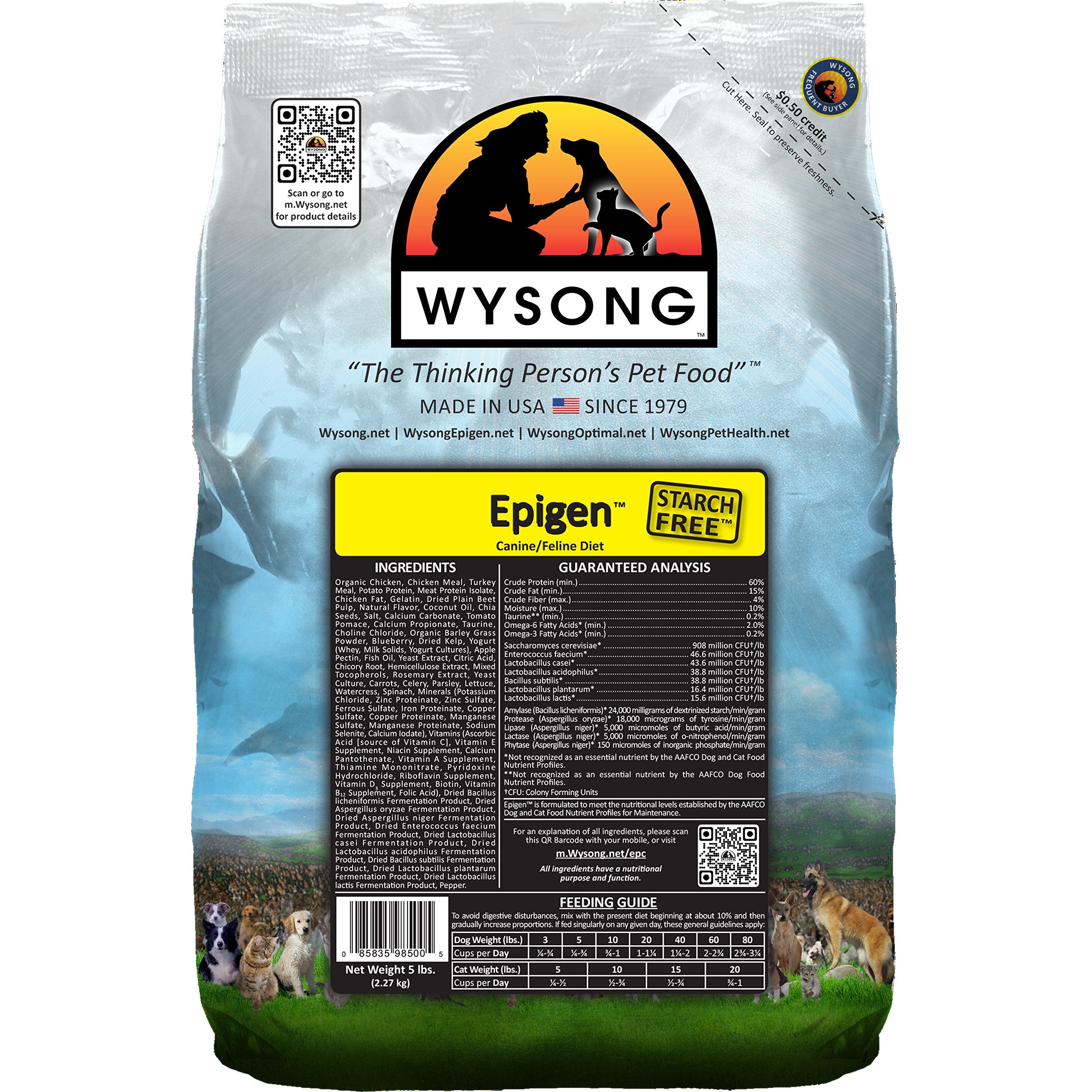 Étiquette Epigen Wysong sur le sac, alimentation sèche adaptée chiens et chats sans amidon