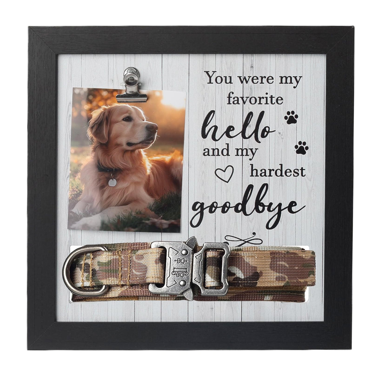 Cadre mémoire X-partner en bois rustique mettant en valeur le collier du chien, mémoire durable.