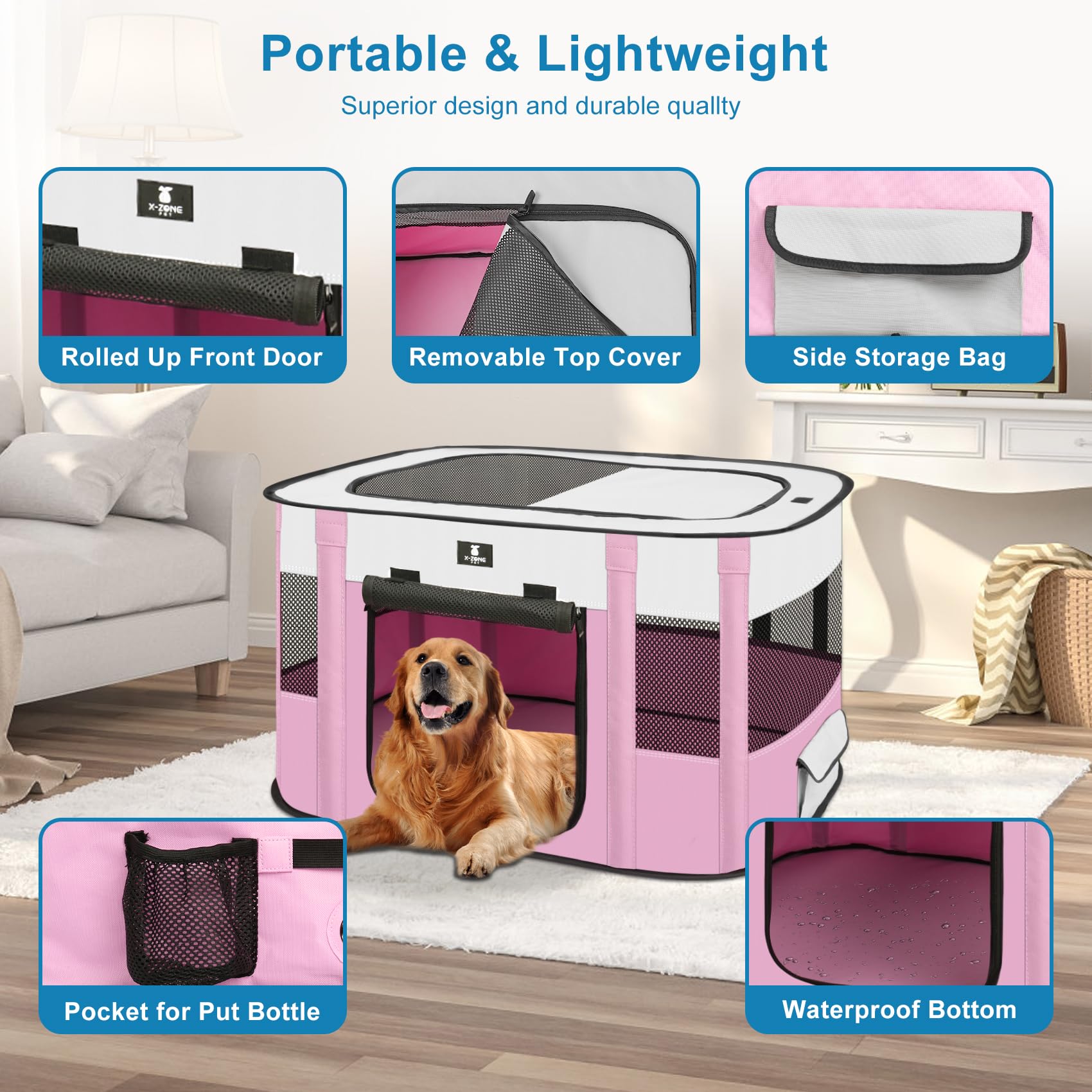 Parc pour chat rose ventilé par X-ZONE PET, idéal intérieur et extérieur.