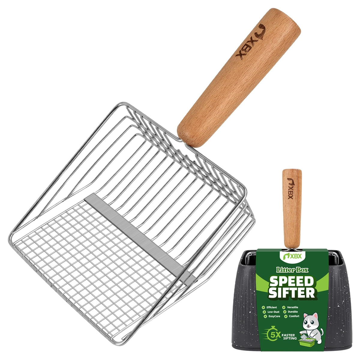 Pelle XBX en acier inox pour litière, léger et durable pour un nettoyage efficace.
