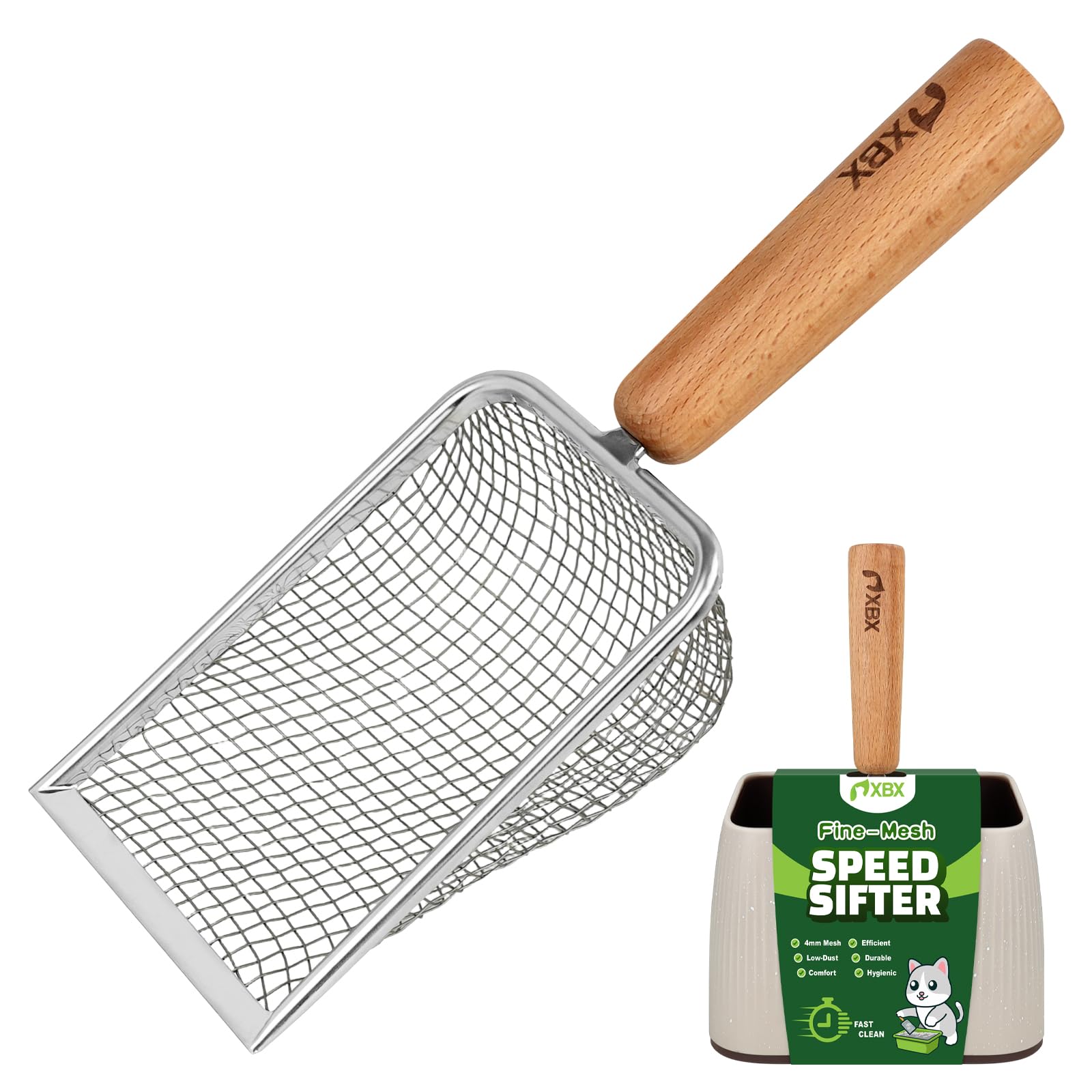 Pelle XBX pour litière chat à maille métallique, tamisage rapide.