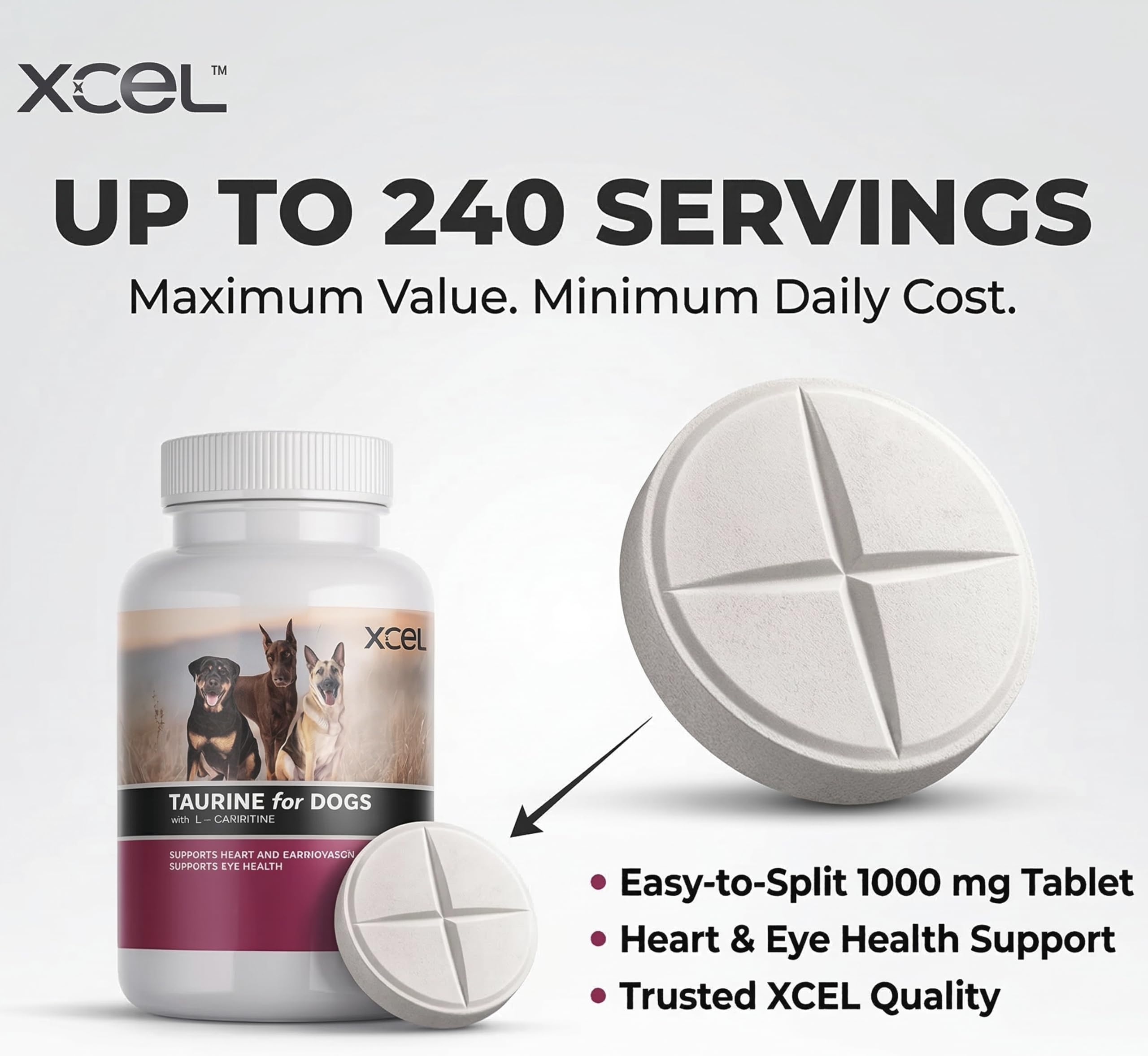 Tablettes XCEL Taurine – découpe Quart-Coupe, dosage précis facile à ajuster.