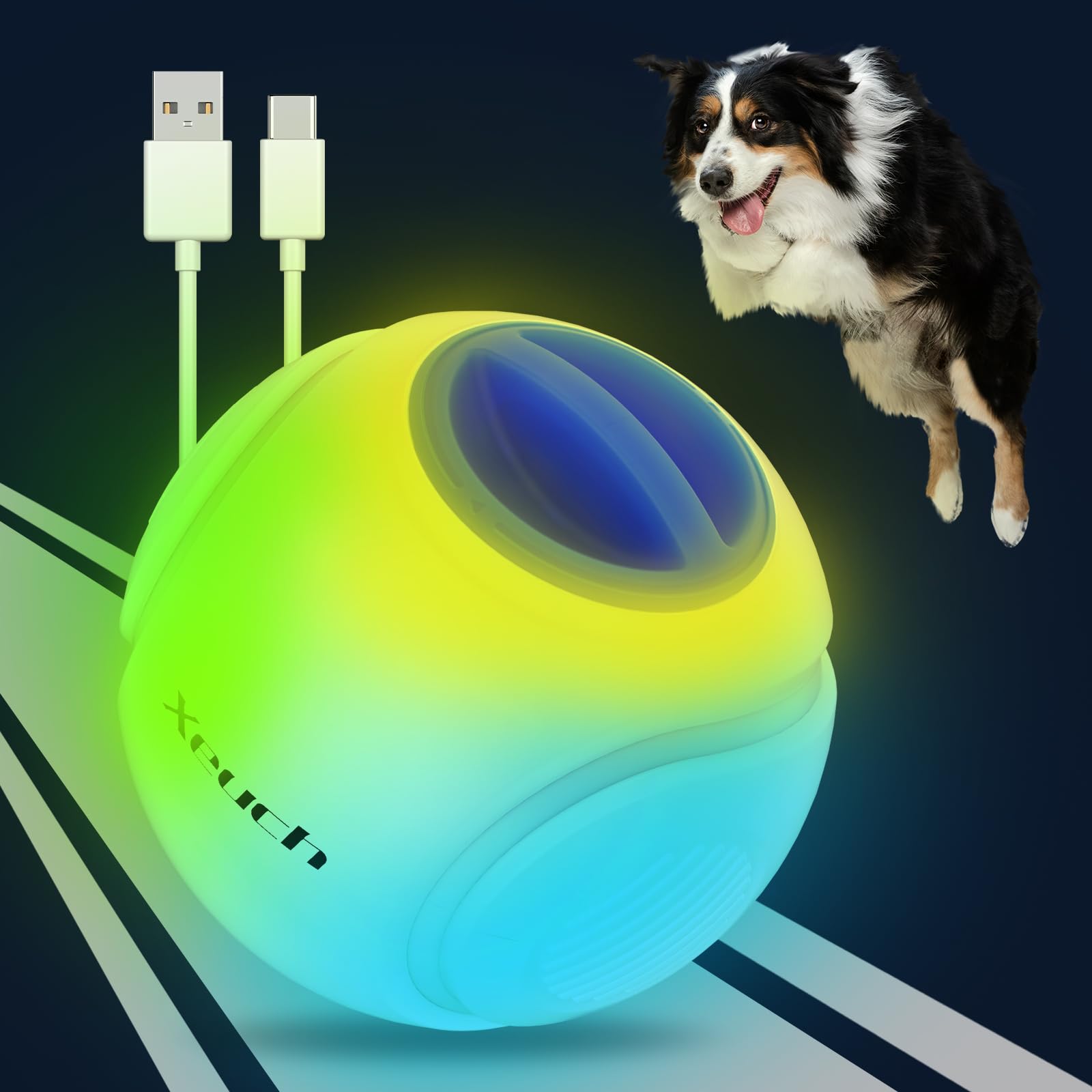 Xeuch balle lumineuse bleue pour chien, idéale pour jeux nocturnes et localisation facile.