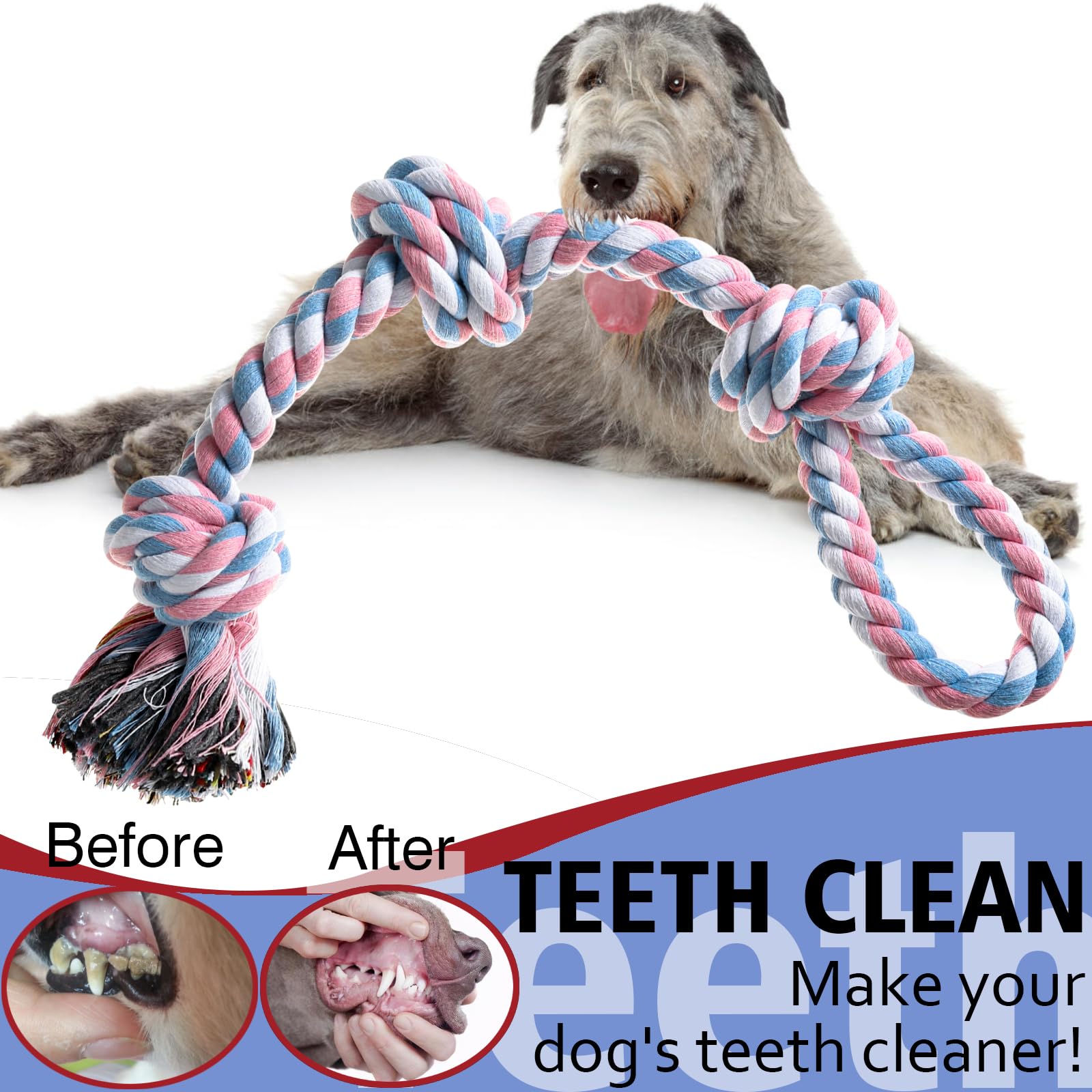 Jouet XIGOU nettoyage dentaire avec corde en fibres, favorise une hygiène bucco-dentaire légère.