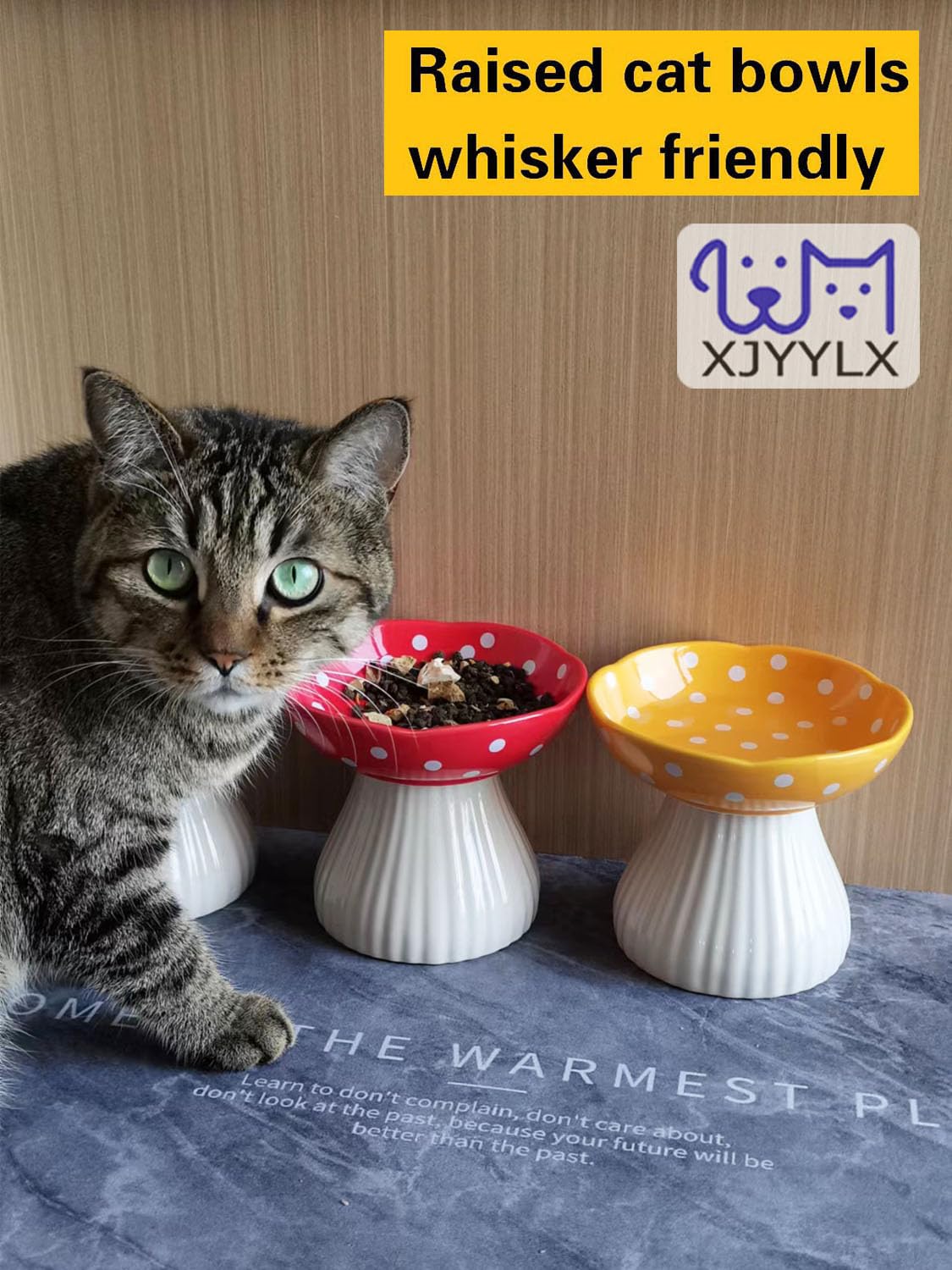 Bol chat elevé XJYYLX champignon en céramique jaune, design pratique.