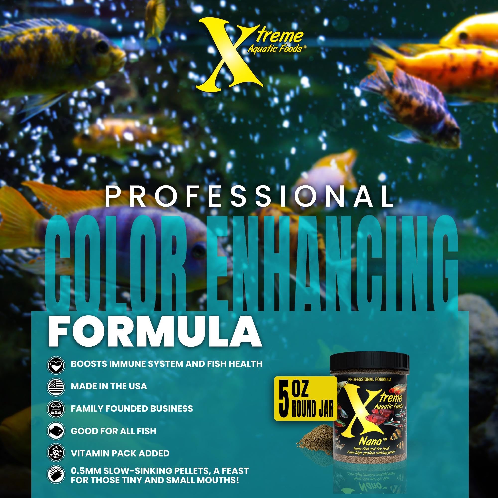 Xtreme Aquatic Foods nano-pellets couleur vibrante, vitamines et minéraux.