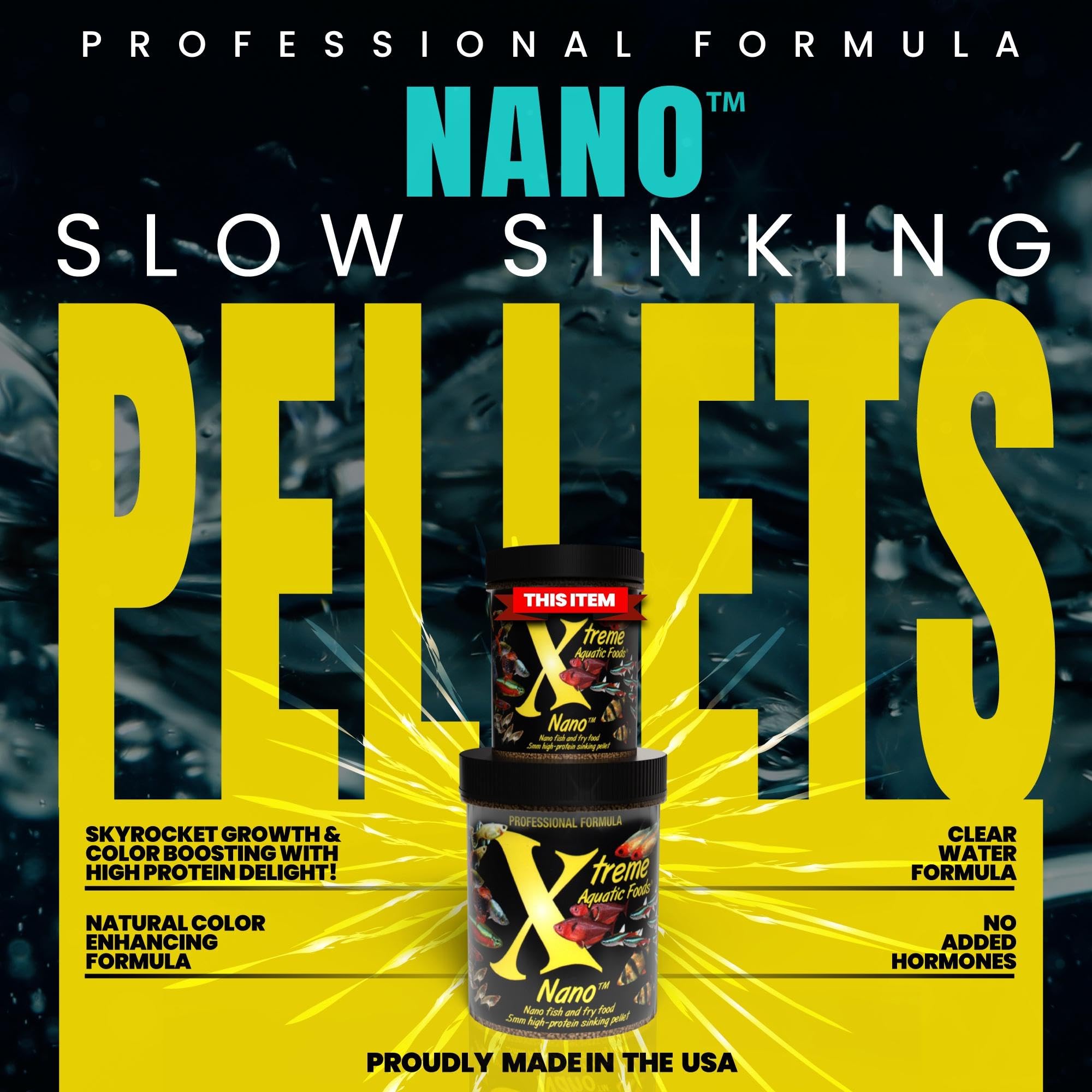 Xtreme Aquatic Foods nano-pellets coulants pour guppys, couleurs intensifiées.