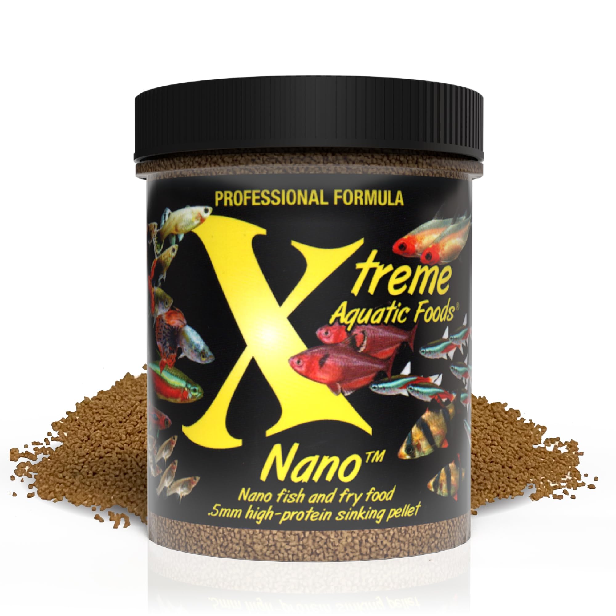 Xtreme Aquatic Foods nano-pellets coulants pour tetras, digestion légère et stable.