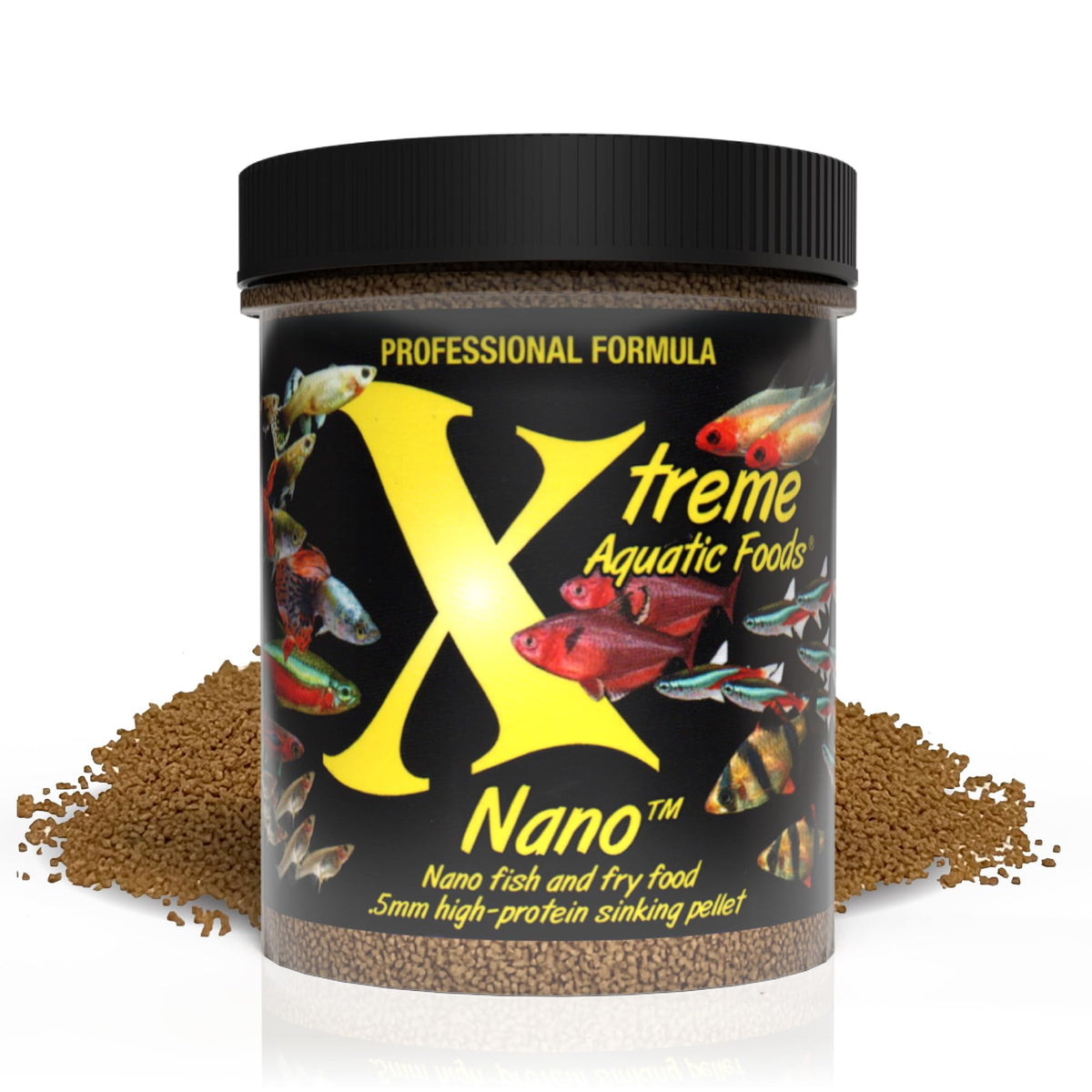 Xtreme Aquatic Foods nano-pellets coulants pour tetras, digestion légère et stable.
