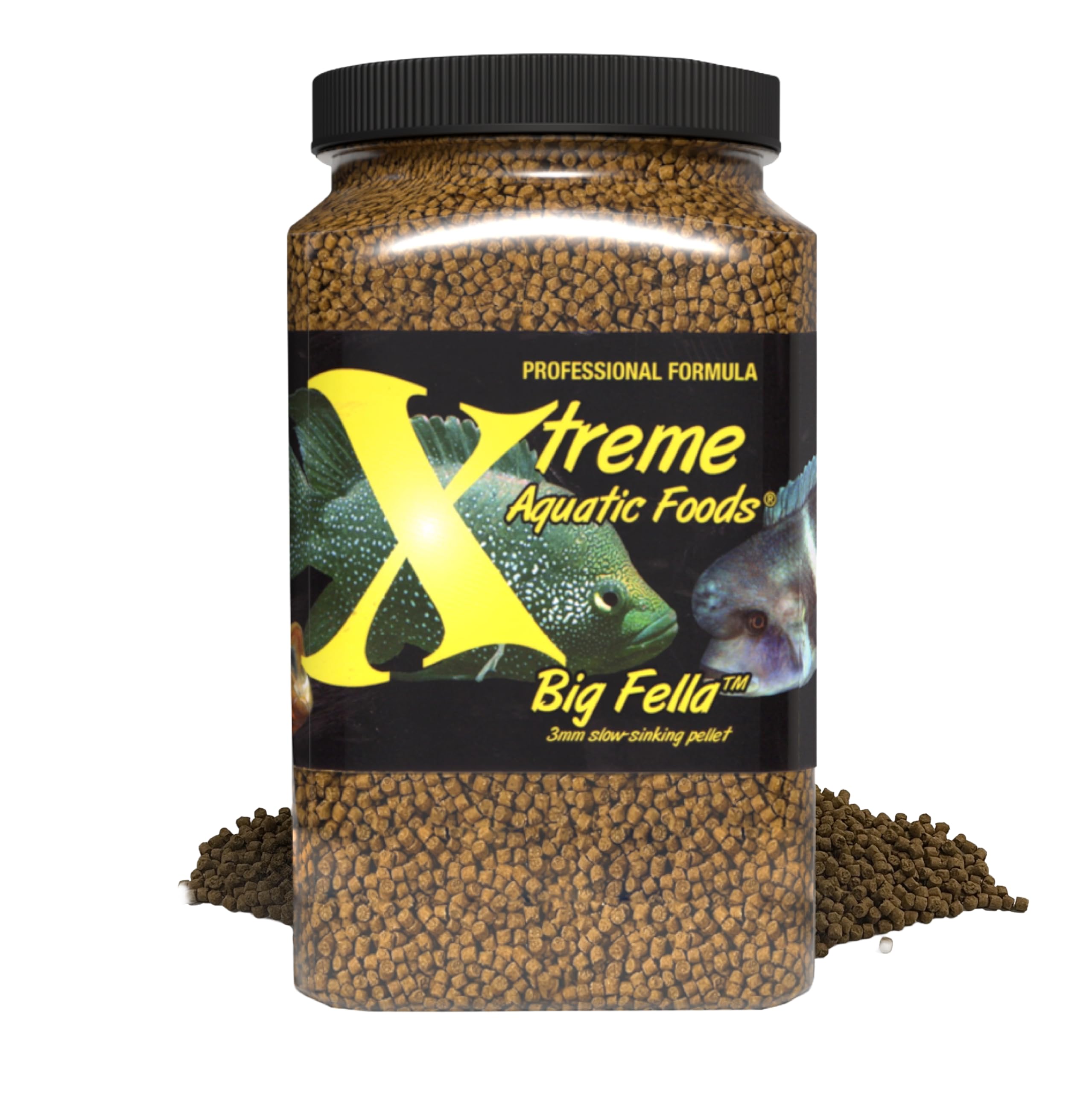 Xtreme Big Fella: pellets 3mm, forme compacte pour grands cichlidés et poissons communautaires.