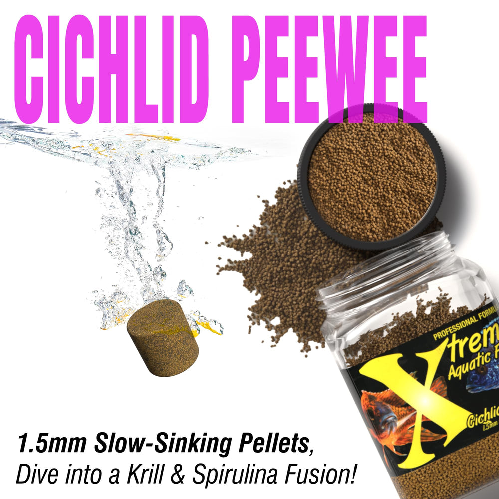 Xtreme Cichlid Peewee Granules ingrédients clés visibles comme krill et crevette