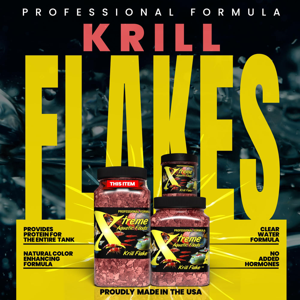Xtreme Krill Flakes flocons fins en gros plan, digestion douce et facile à distribuer.