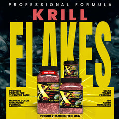 Xtreme Krill Flakes flocons fins en gros plan, digestion douce et facile à distribuer.