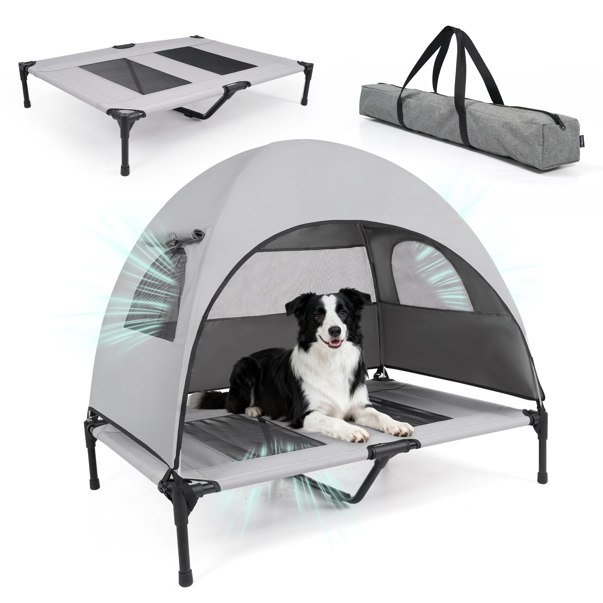 Lit chien XUVIRA surélevé avec canopée UV pour protection solaire lors des journées chaudes.