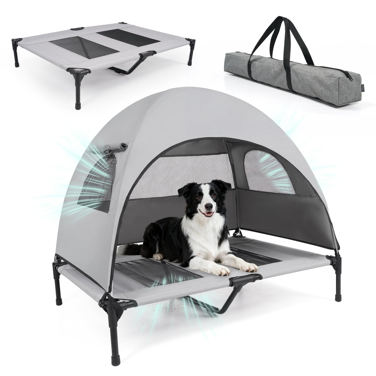 Lit chien XUVIRA surélevé avec canopée UV pour protection solaire lors des journées chaudes.