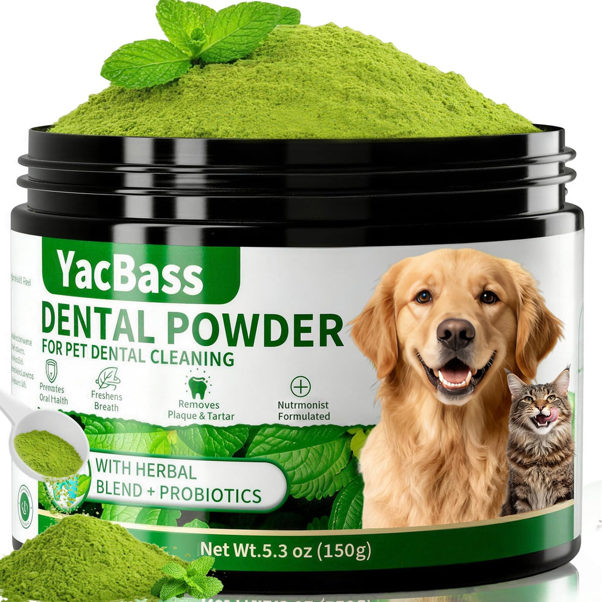 Poudre dentaire YacBass en bouteille 150 g pour chiens et chats, haleine plus fraîche.