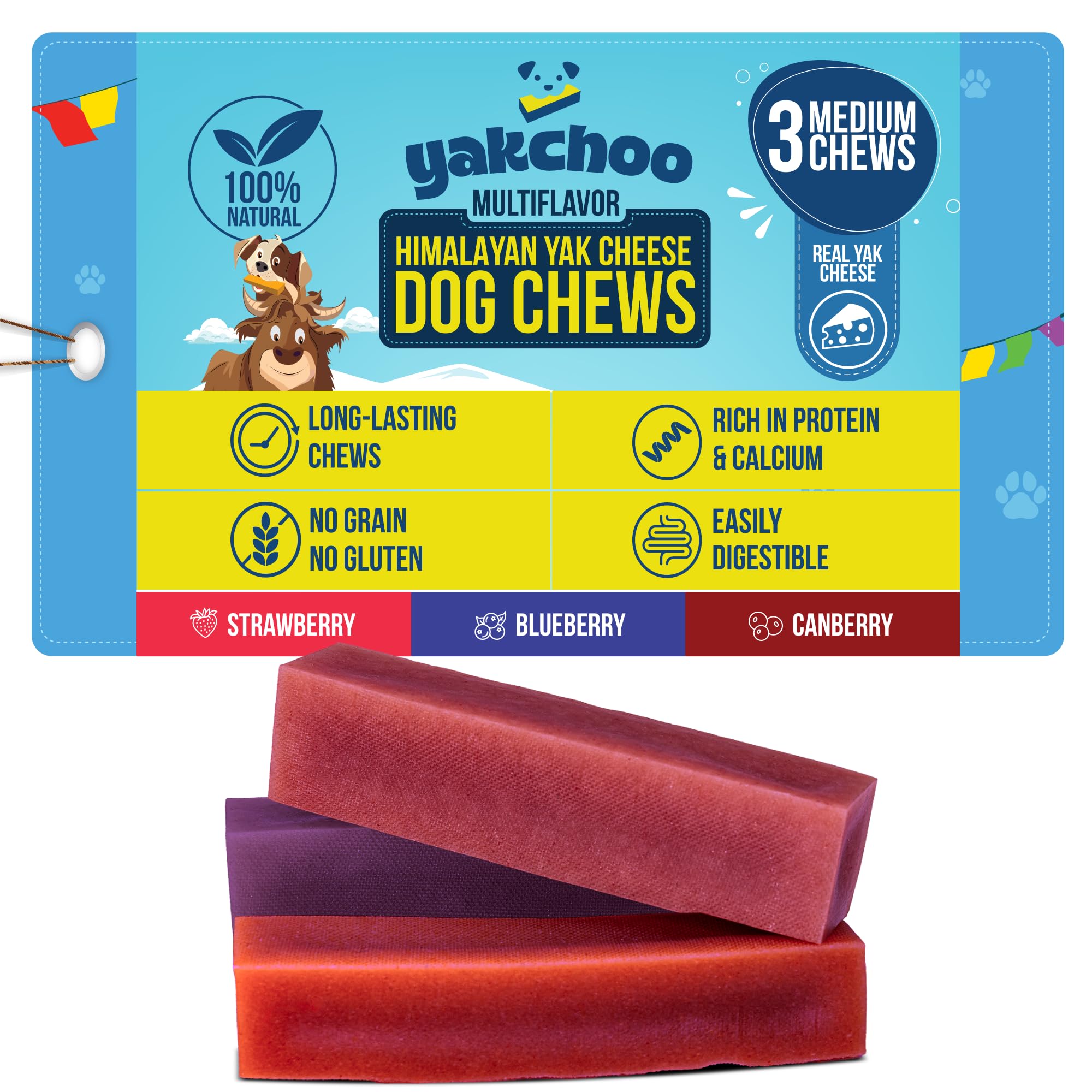 Friandises Yakchoo yak myrtille: récompense naturelle pour chien actif.