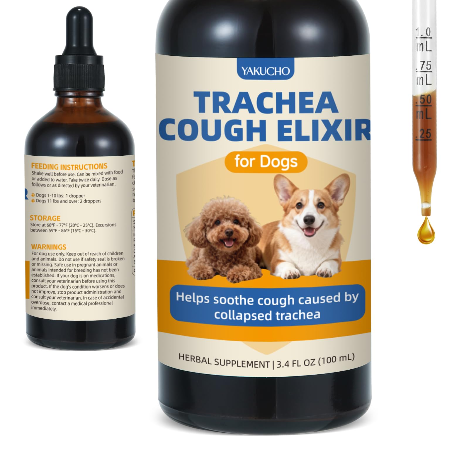 Yakucho Elixir Toux Trachée Bouteille: soutien ciblé pour chiens sensibles.
