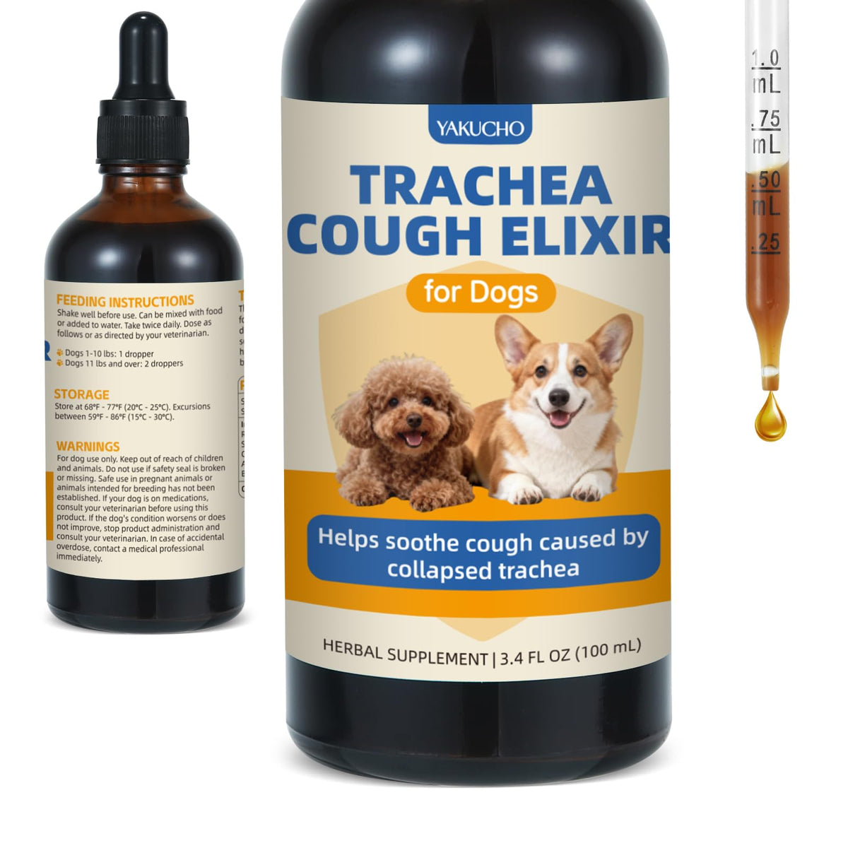 Yakucho Elixir Toux Trachée Bouteille: soutien ciblé pour chiens sensibles.