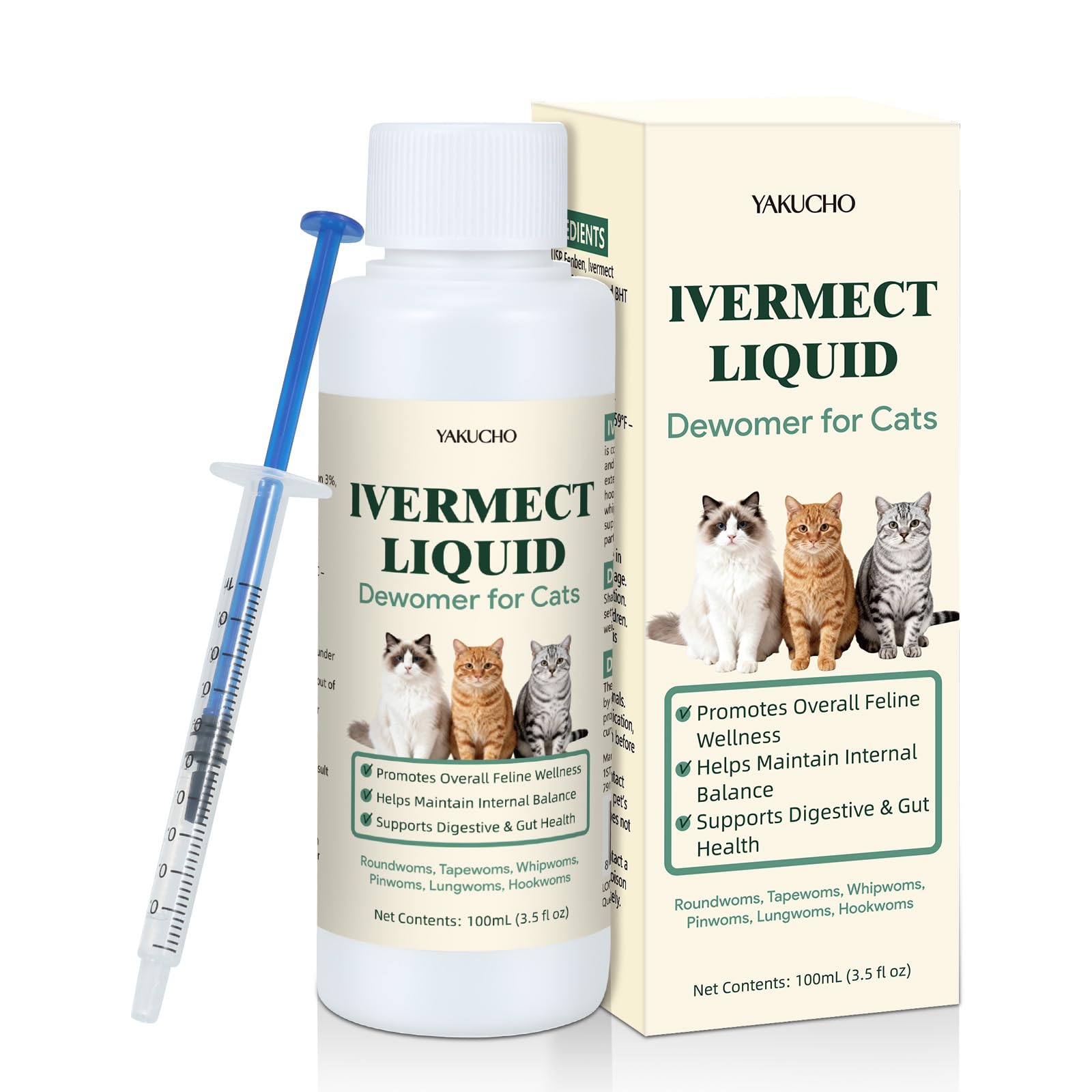 Yakucho Lvermect pour chat, flacon liquide digestif prêt à l’emploi.
