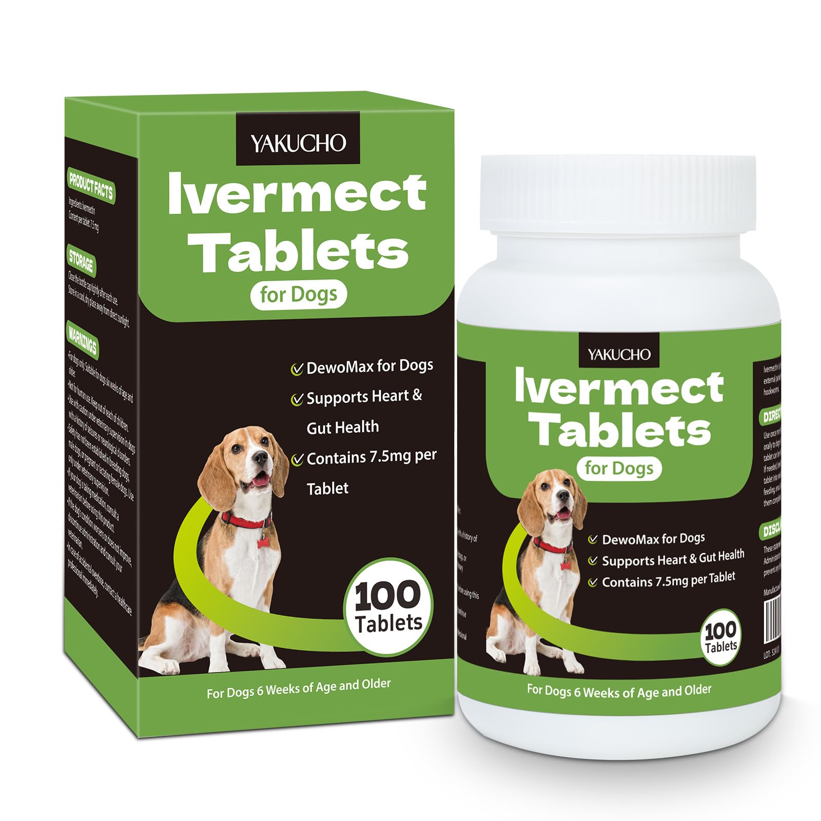 Yakucho Lvermect, bouteille de comprimés, soutien digestif pour chien.