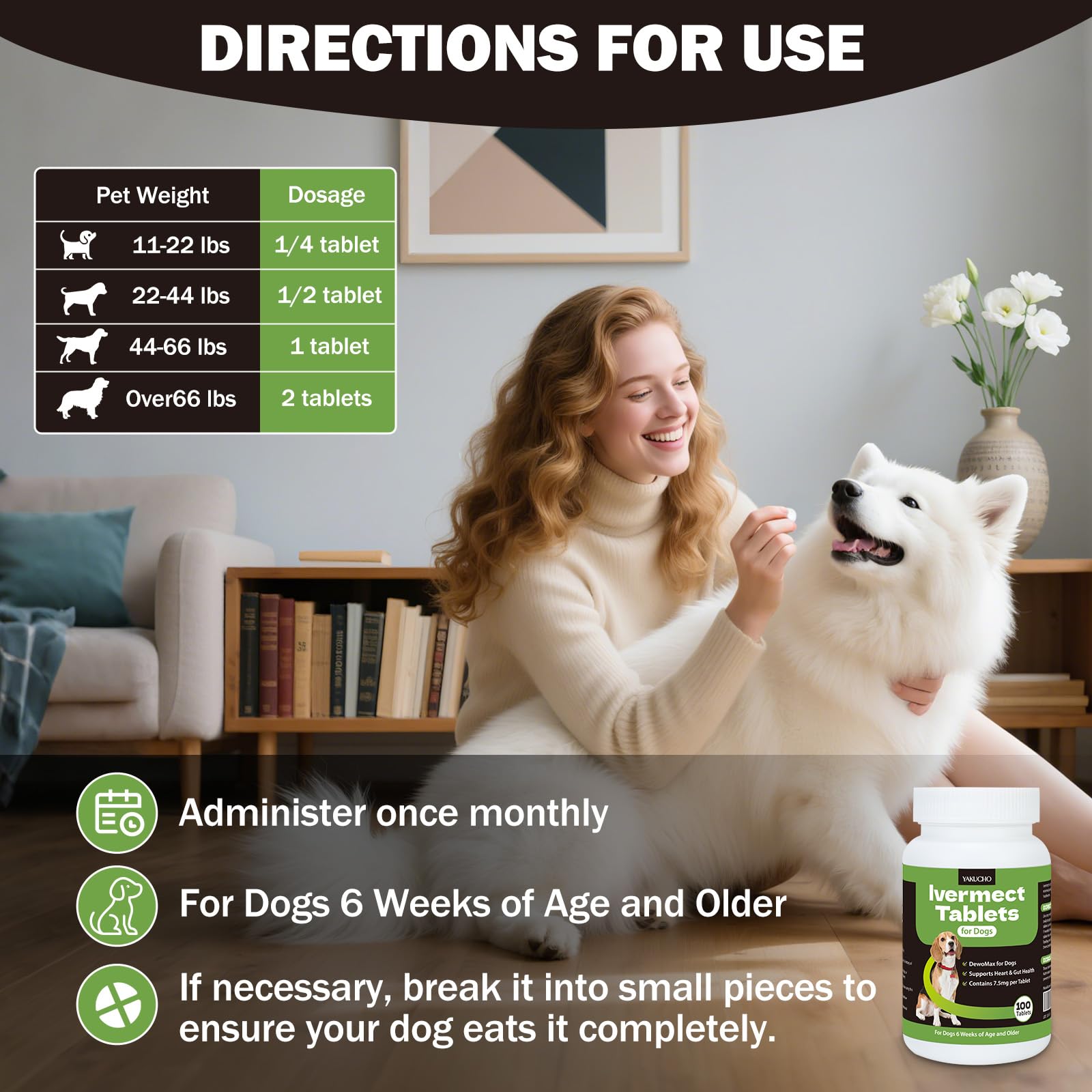 Utilisation mensuelle simple des comprimés Yakucho Lvermect pour chien.