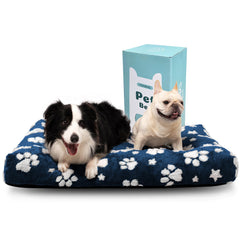 Lit Yaning XXL bleu marine à motifs pattes, confort moelleux pour chien de grande taille.