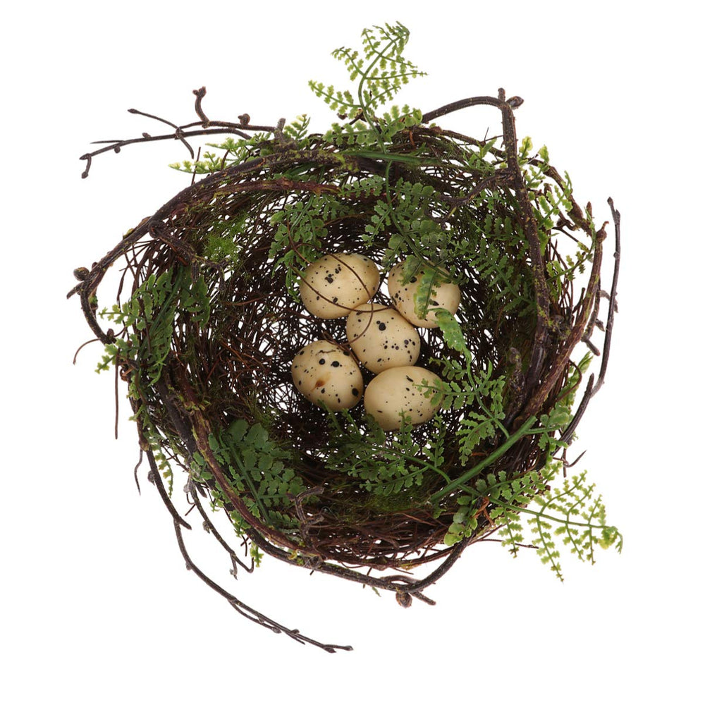 Nid artificiel en rotin YARNOW avec 5 œufs— déco intérieure naturelle et durable.