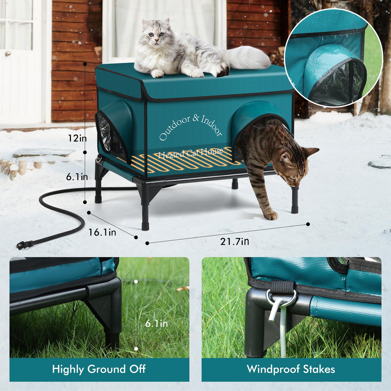 Yeatruojeet abri pour chat extérieur bleu et portes doubles pour sécurité